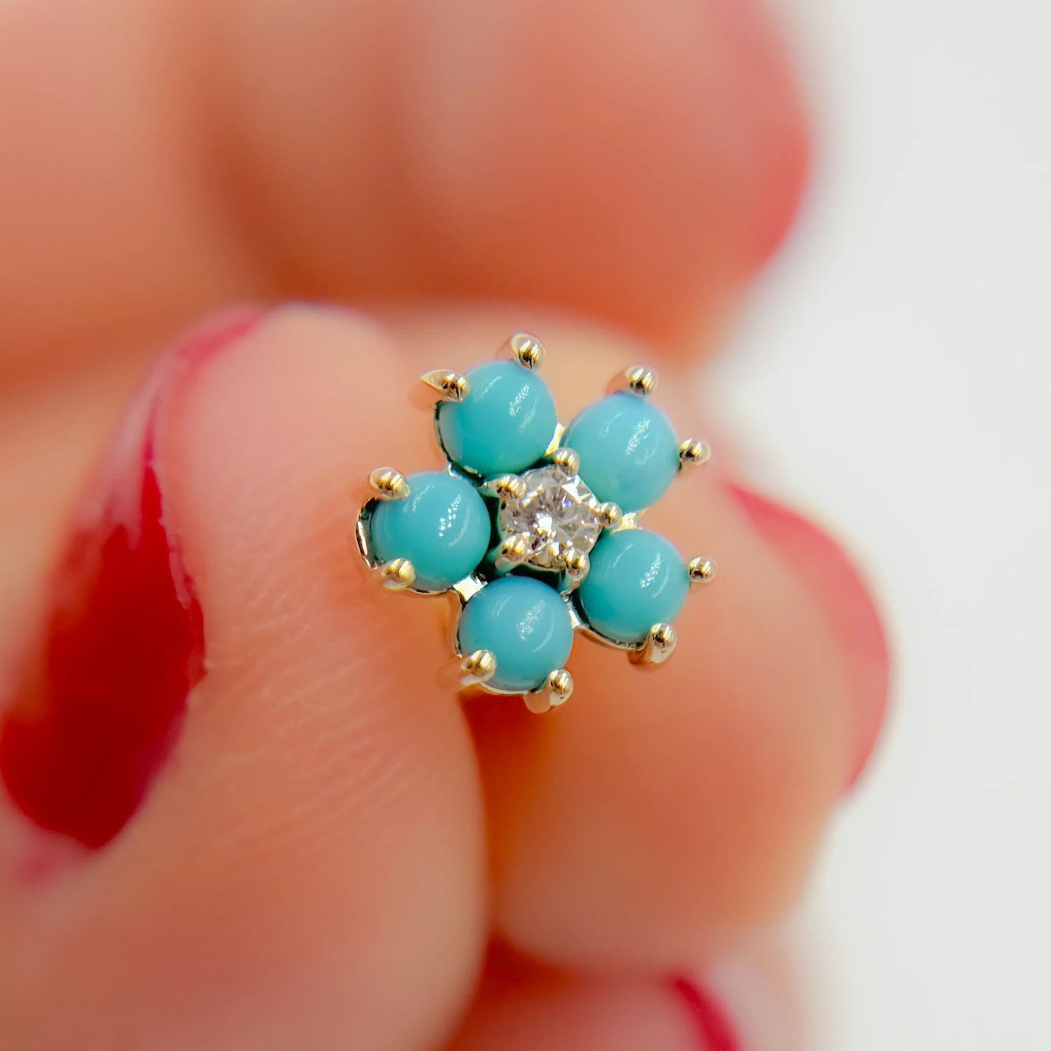 EFA53609TQ. 14K Solid Yellow Gold Diamond and Turquoise Flower Stud Earring - Image 4