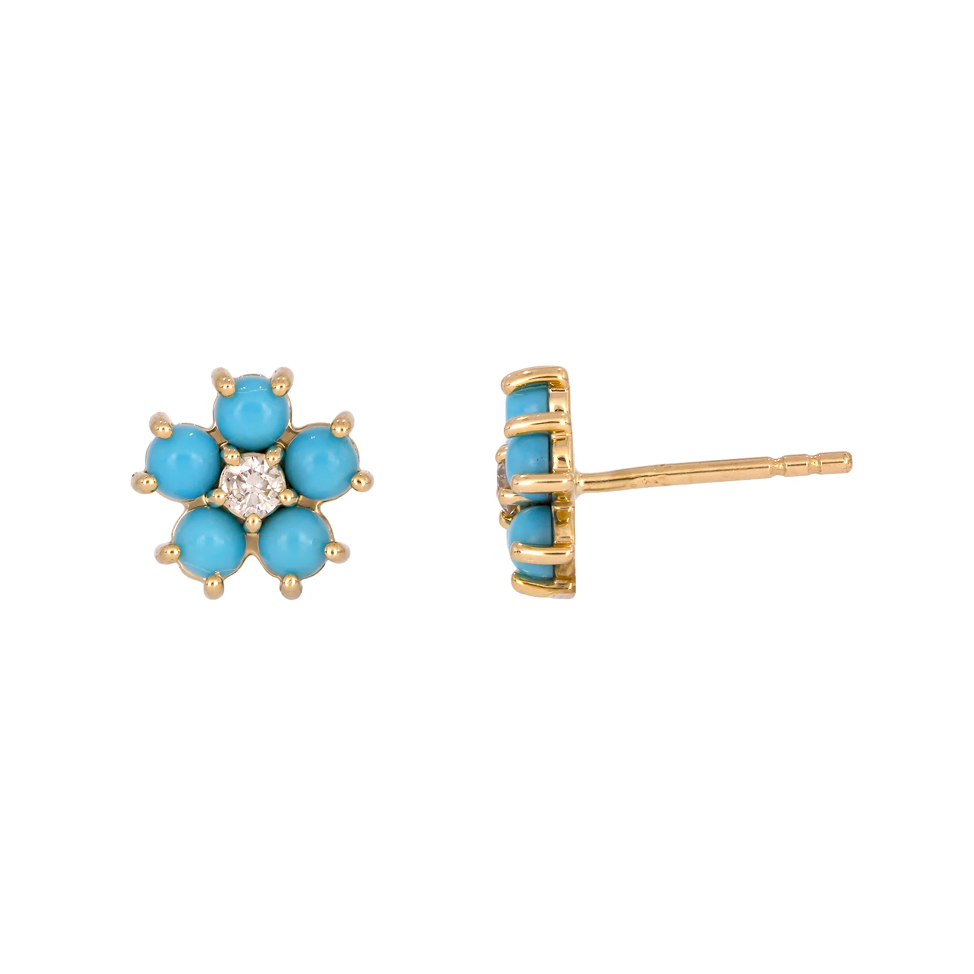 EFA53609TQ. 14K Solid Yellow Gold Diamond and Turquoise Flower Stud Earring - Image 5