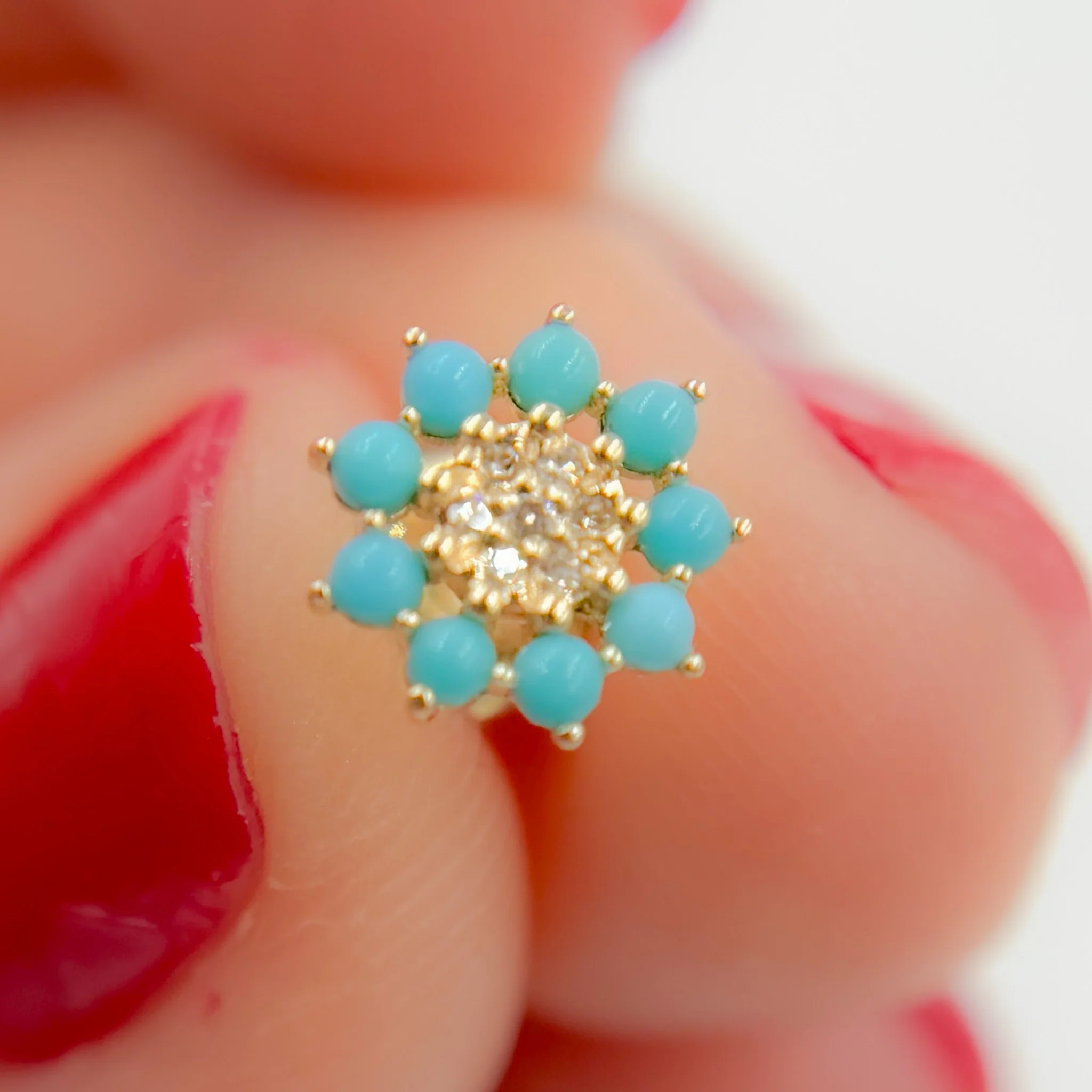 EFA53670TQ. 14K Solid Yellow Gold Diamond and Turquoise Flower Stud Earring - Image 3