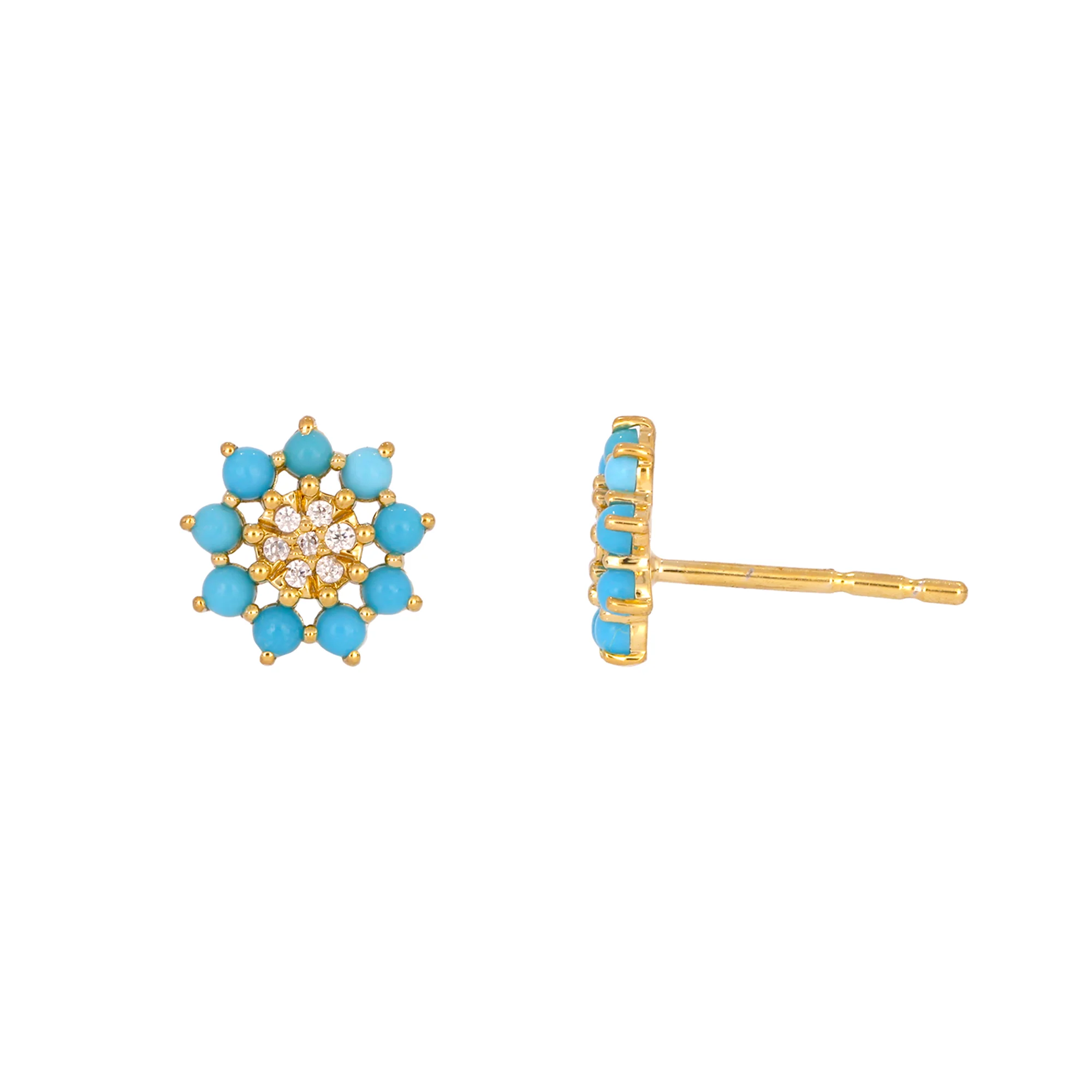 EFA53670TQ. 14K Solid Yellow Gold Diamond and Turquoise Flower Stud Earring - Image 5