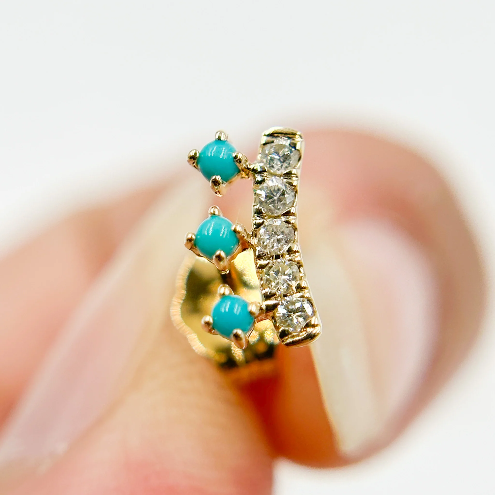 EFB53898. 14K Solid Gold Diamond and Turquoise Fancy Stud Earrings - Image 14