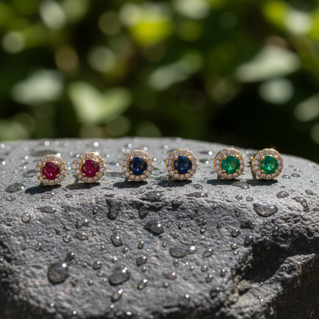EFC54135. 14K Solid Yellow Gold Diamond and Gemstone Stud Earring