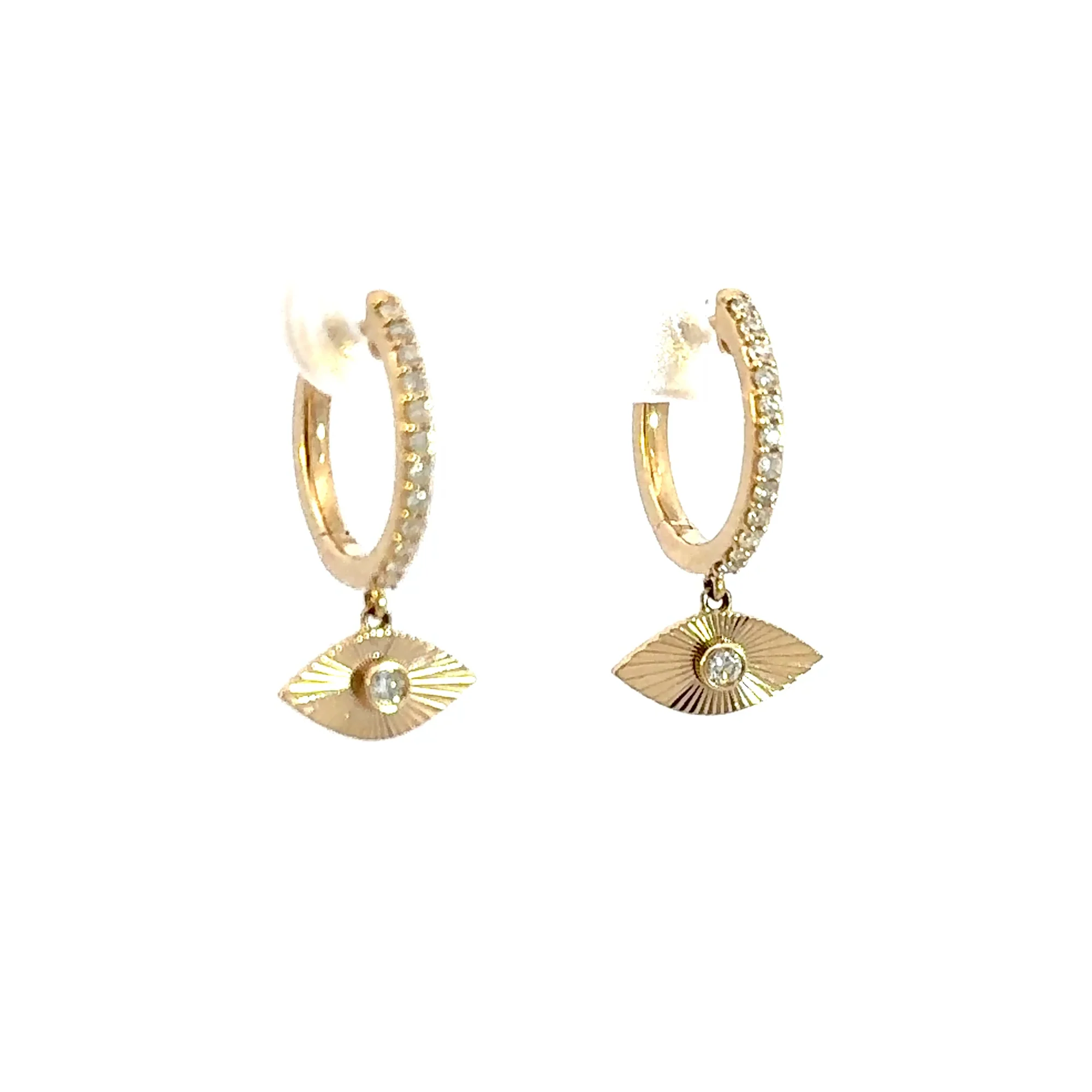 EFD53481. 14k Solid Yellow Gold Diamond Hoops and Dangle Eye