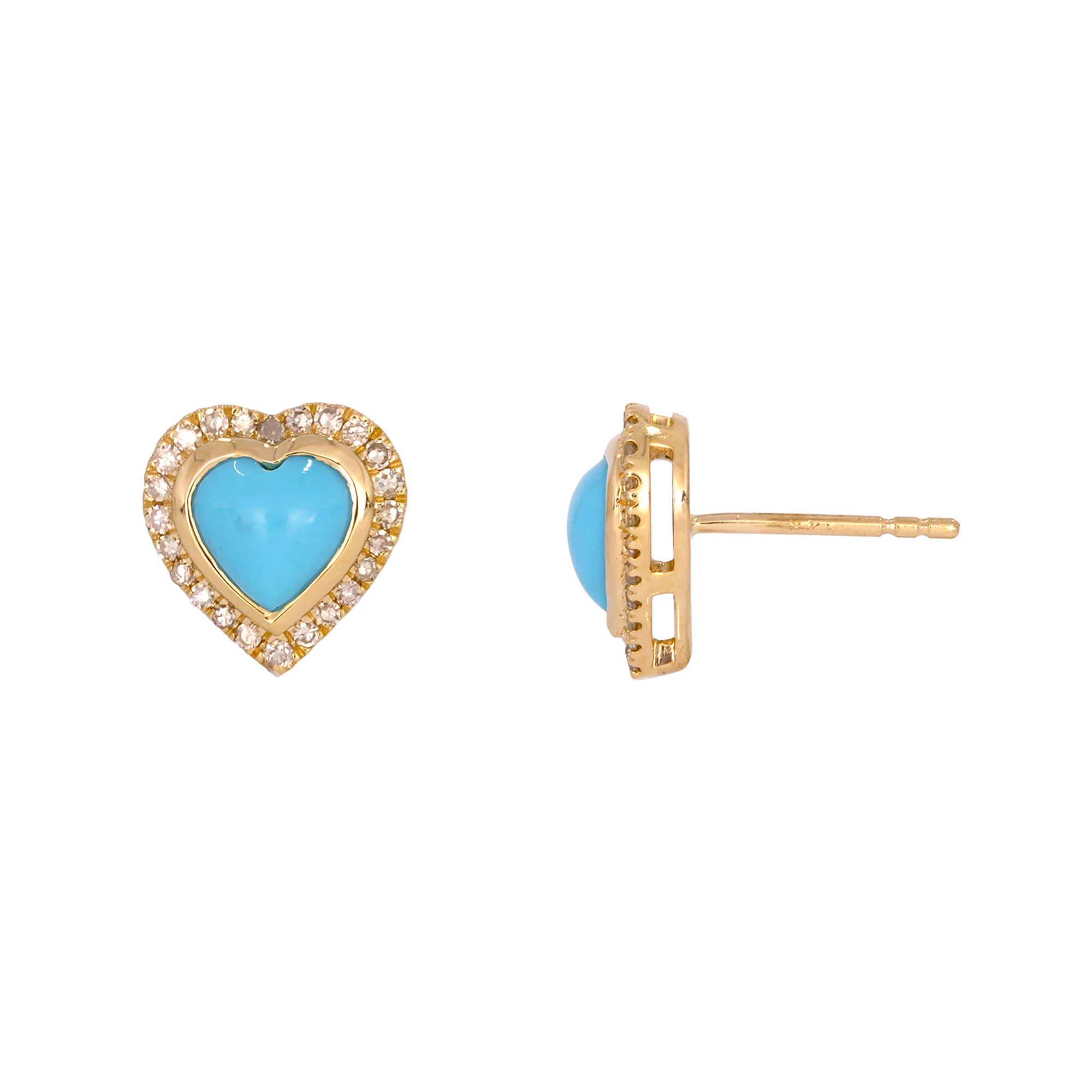 EFE53655TQ. 14K Solid Yellow Gold Diamond and Turquoise Heart Stud Earring - Image 3
