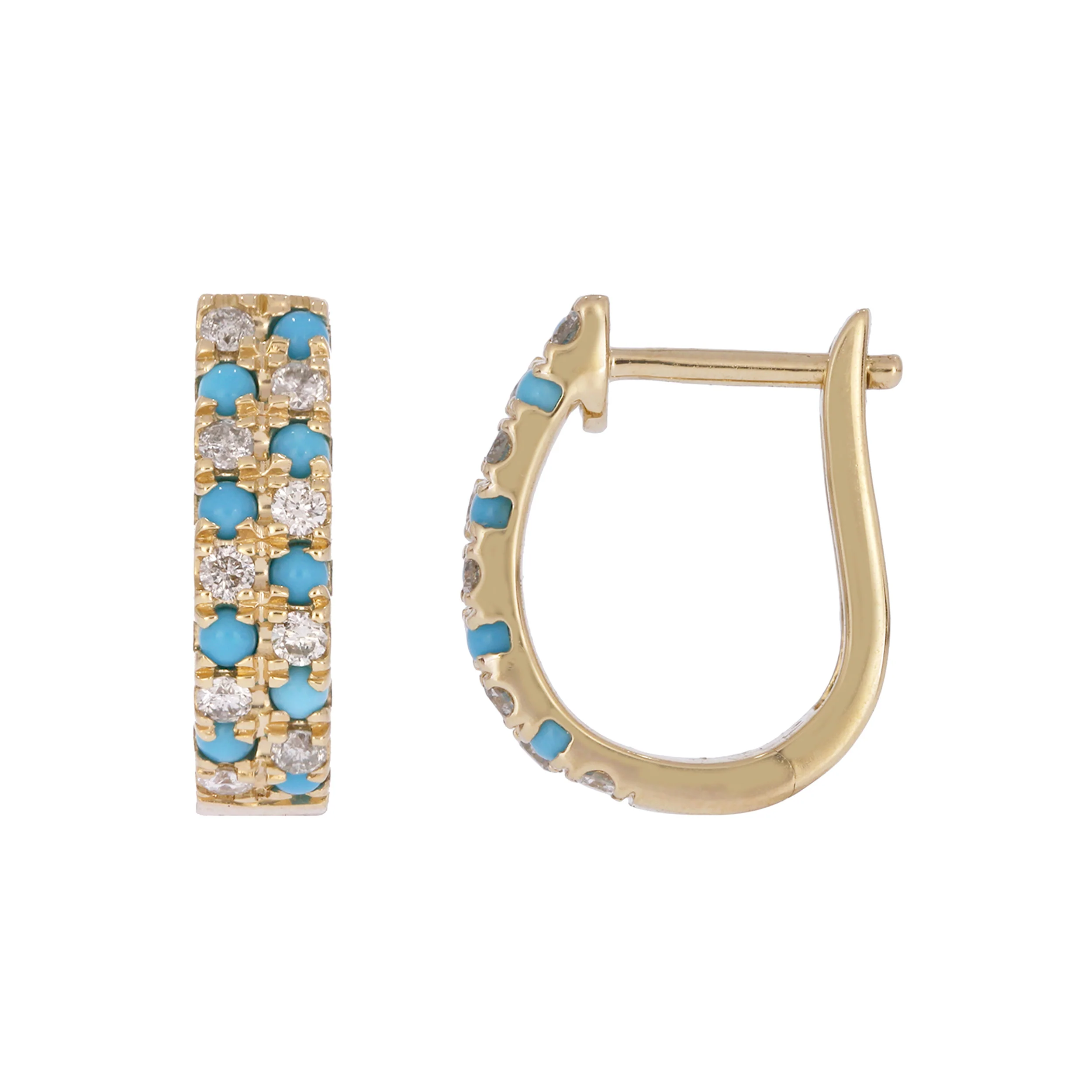 EFE53658. 14K Solid Gold Turquoise and Diamond Fancy Hoops - Image 2