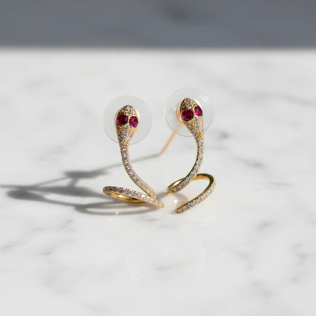 EFE53688RU. 14K Solid Gold Diamond and Ruby Snake Studs - Image 10