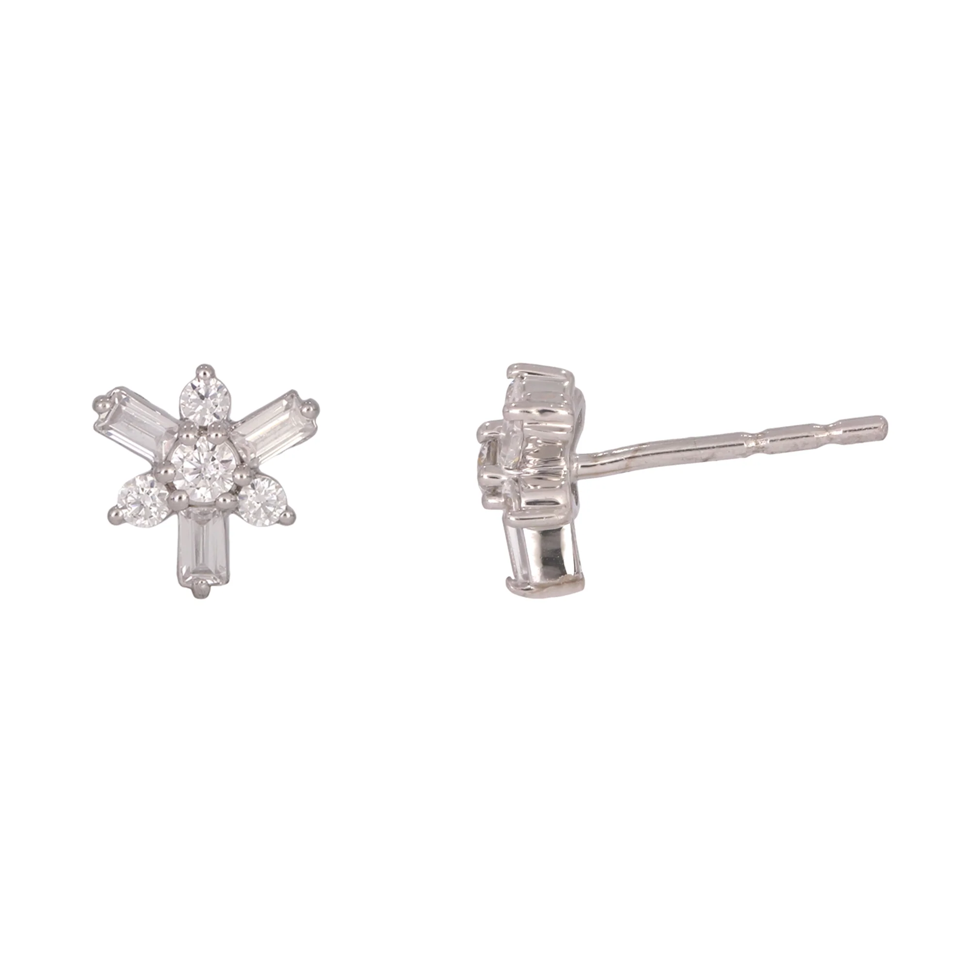 EFF53682. 14K Solid White Gold Diamond Flower Stud Earrings - Image 4