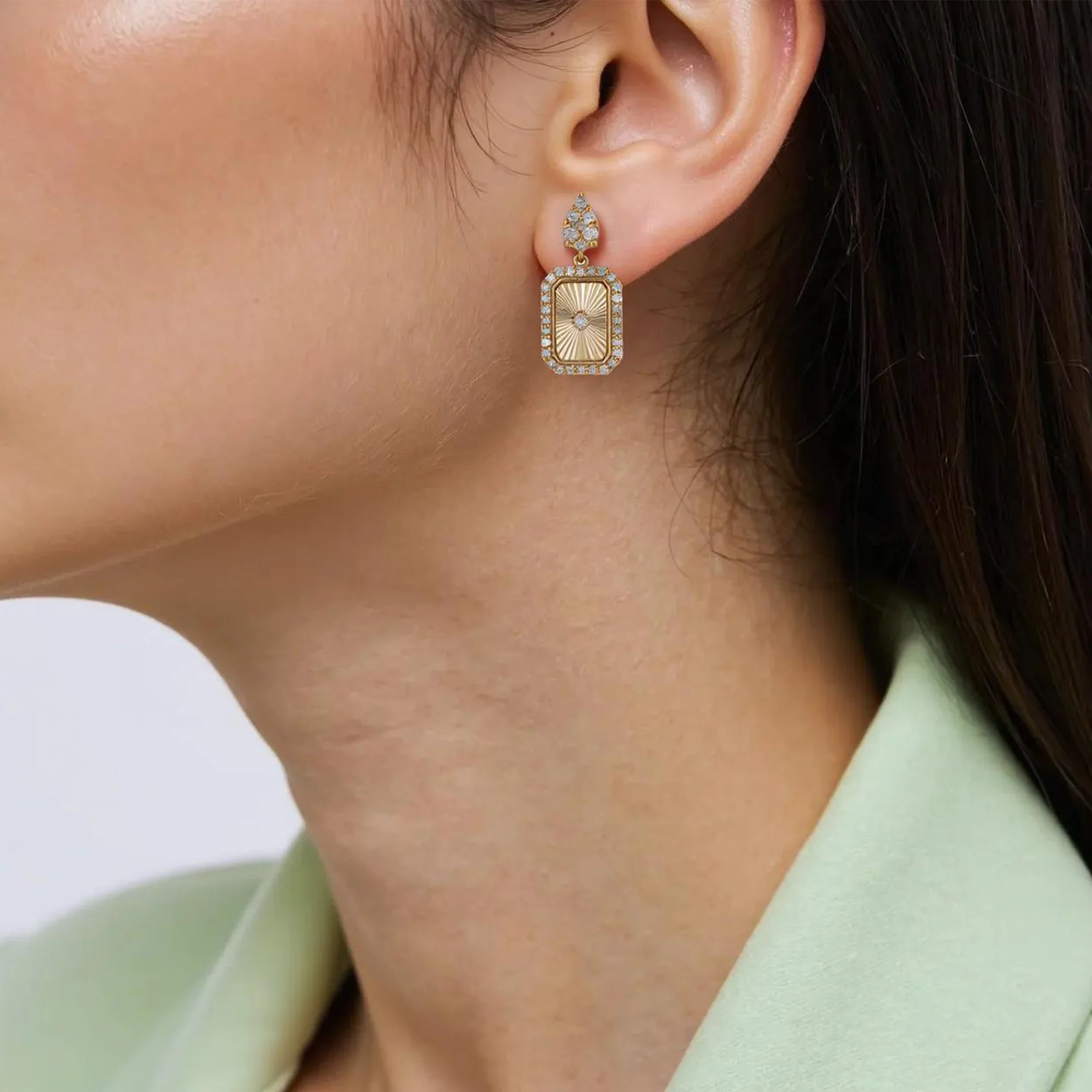 EFH53479. 14K Solid Gold and Diamonds Rectangular Dangle Earrings - Image 2