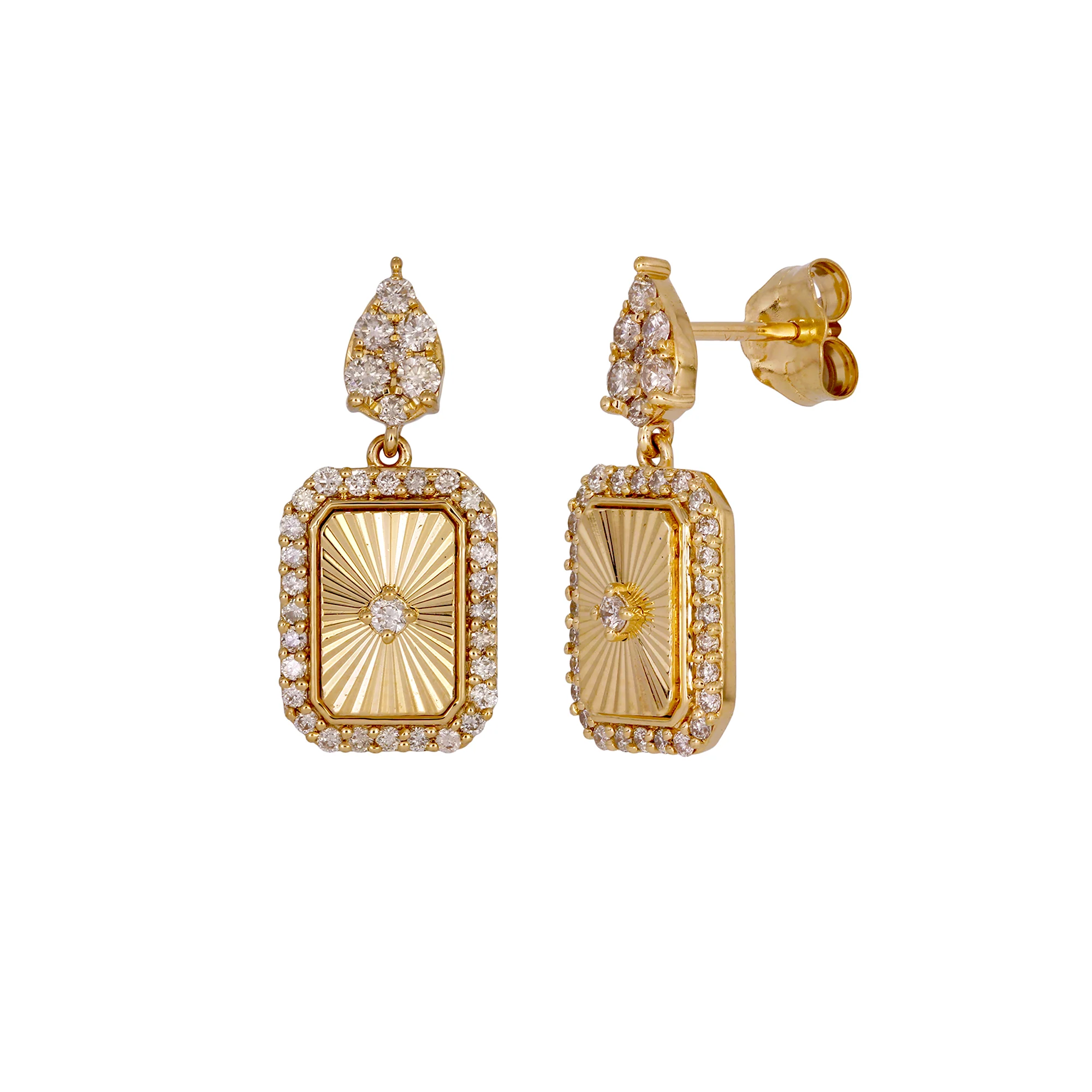 EFH53479. 14K Solid Gold and Diamonds Rectangular Dangle Earrings - Image 3