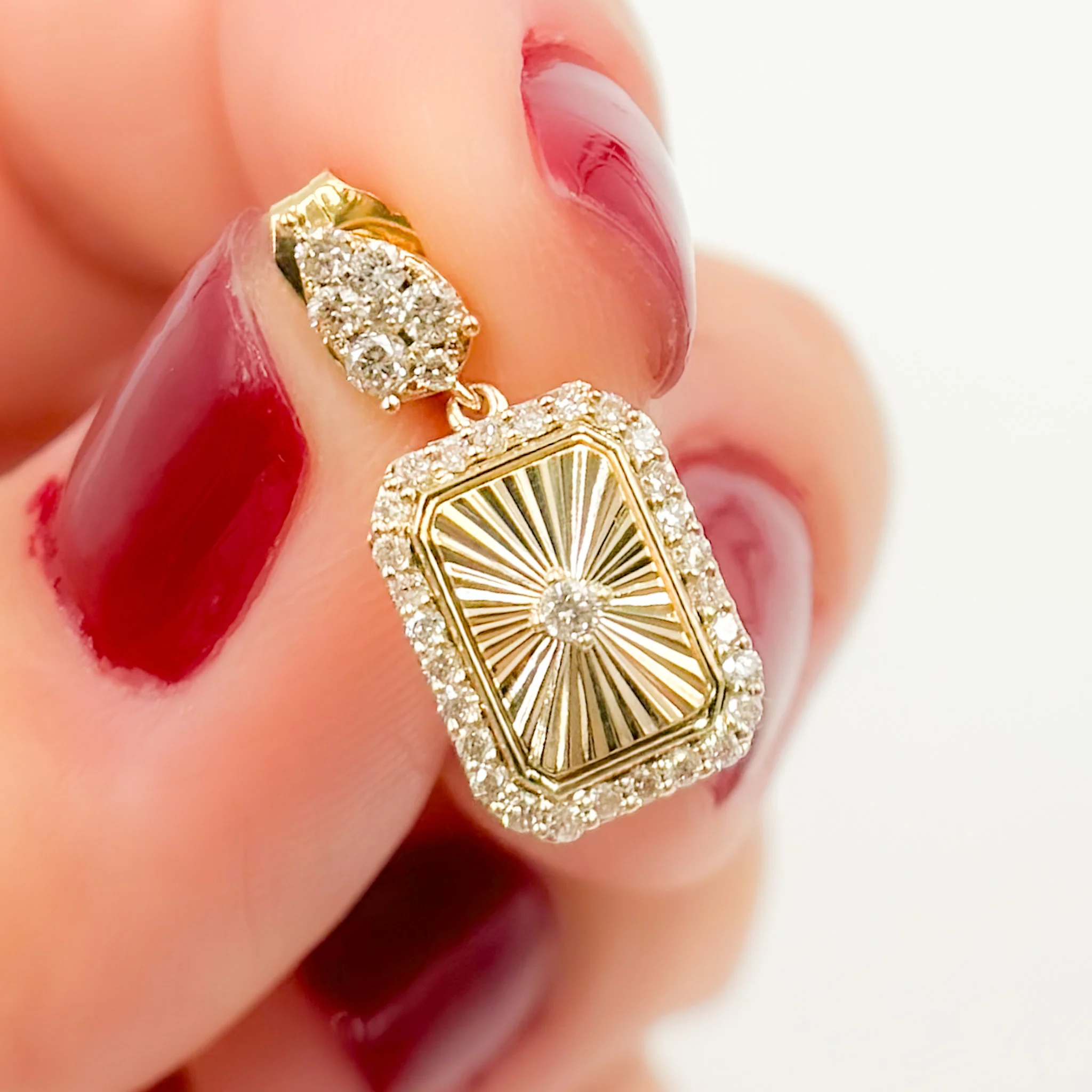 EFH53479. 14K Solid Gold and Diamonds Rectangular Dangle Earrings - Image 4