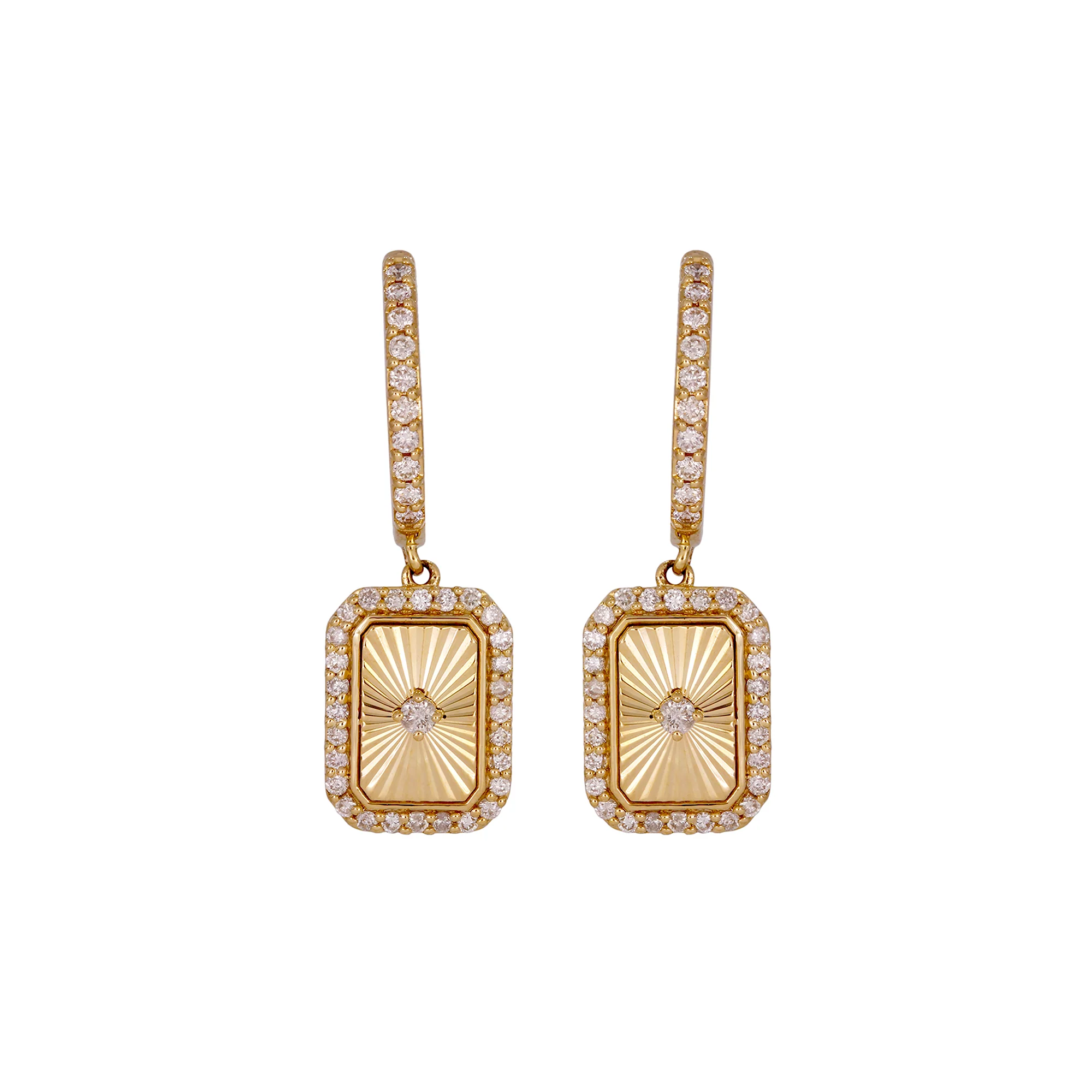 EFH53480. 14K Solid Gold and Diamonds Rectangular Dangle Earrings