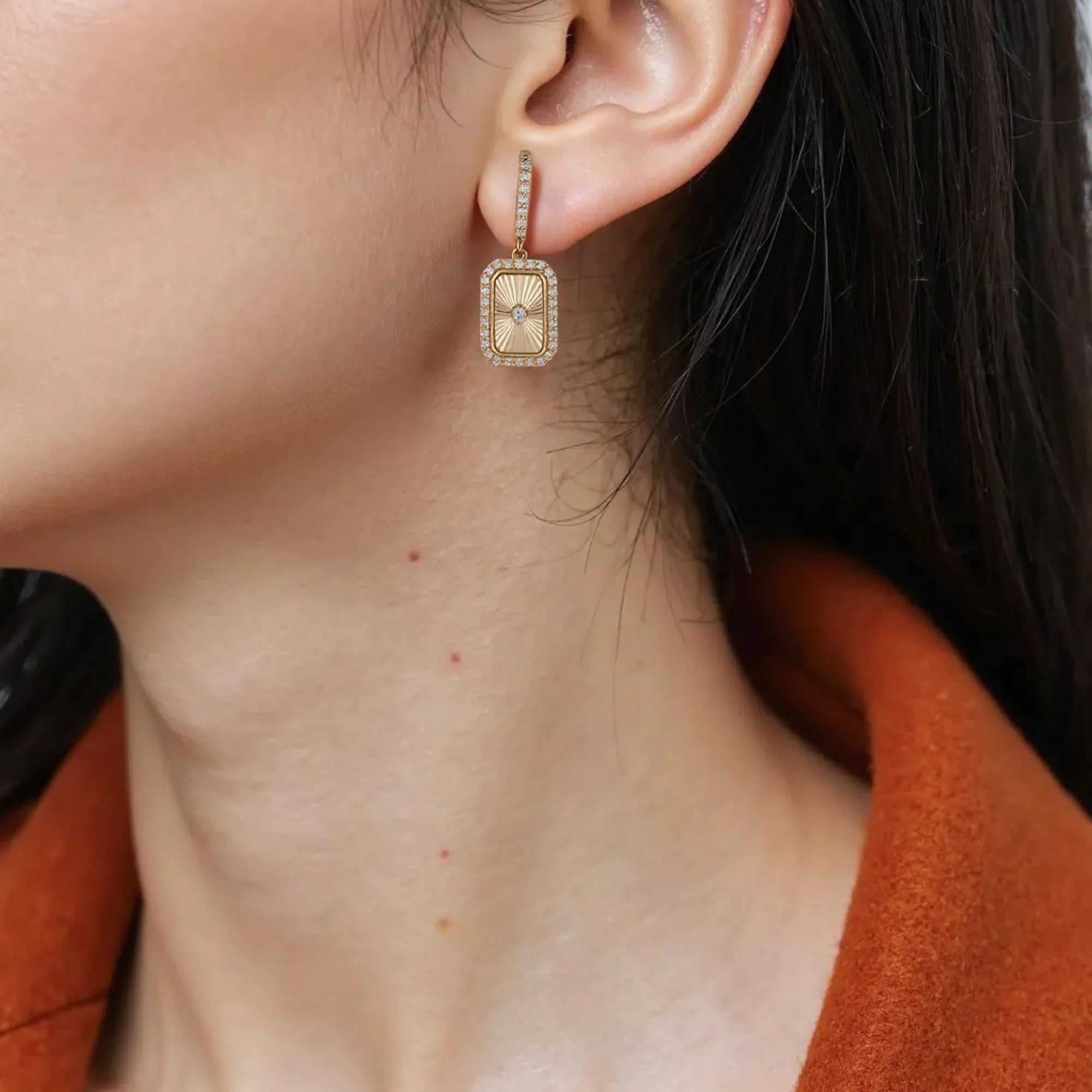 EFH53480. 14K Solid Gold and Diamonds Rectangular Dangle Earrings - Image 2