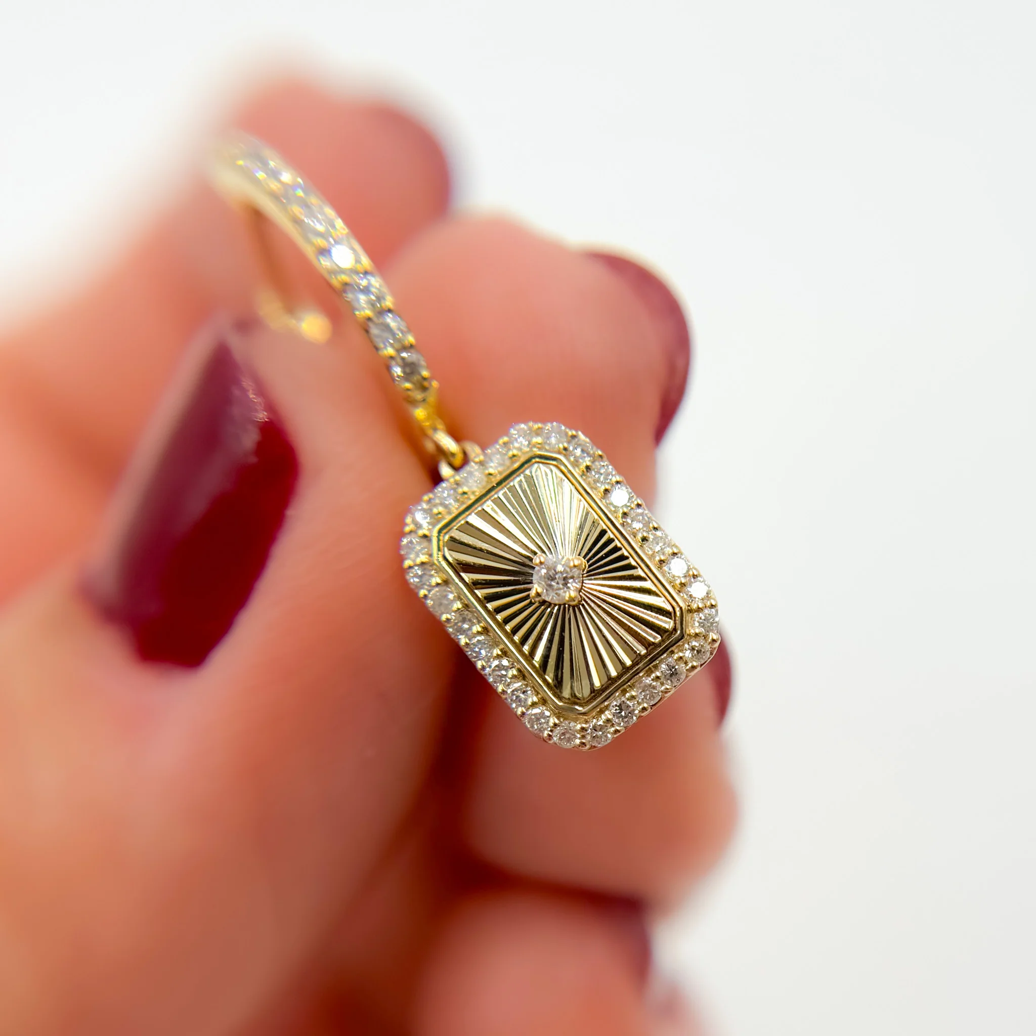 EFH53480. 14K Solid Gold and Diamonds Rectangular Dangle Earrings - Image 3