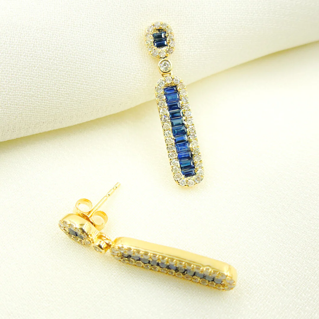 EFJ52125BS. 14k Solid Gold, Diamonds & Blue Sapphire Dangle Earrings - Image 2