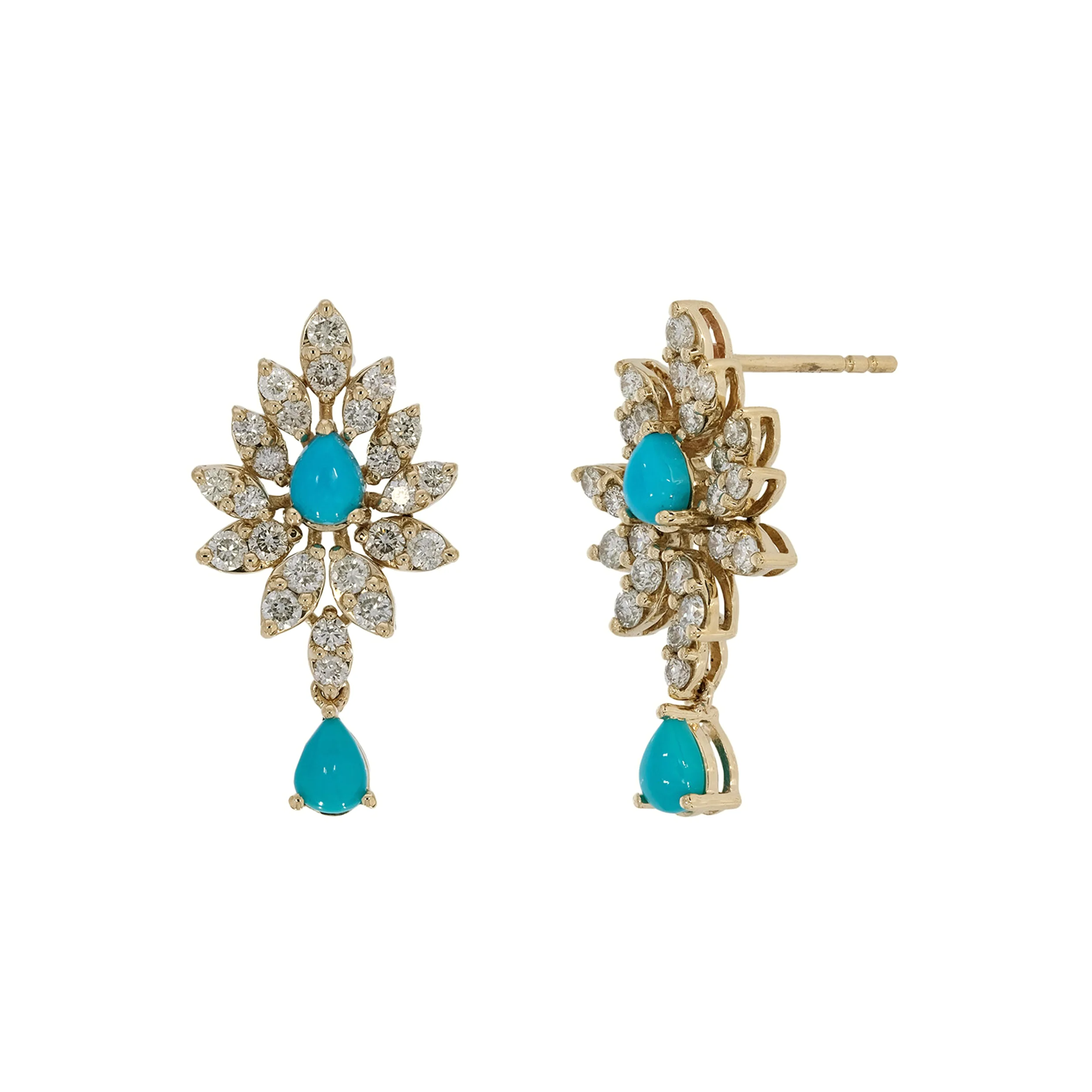 EFJ54190TQ. 14K Solid Gold Turquoise Flower Dangle Earrings - Image 3