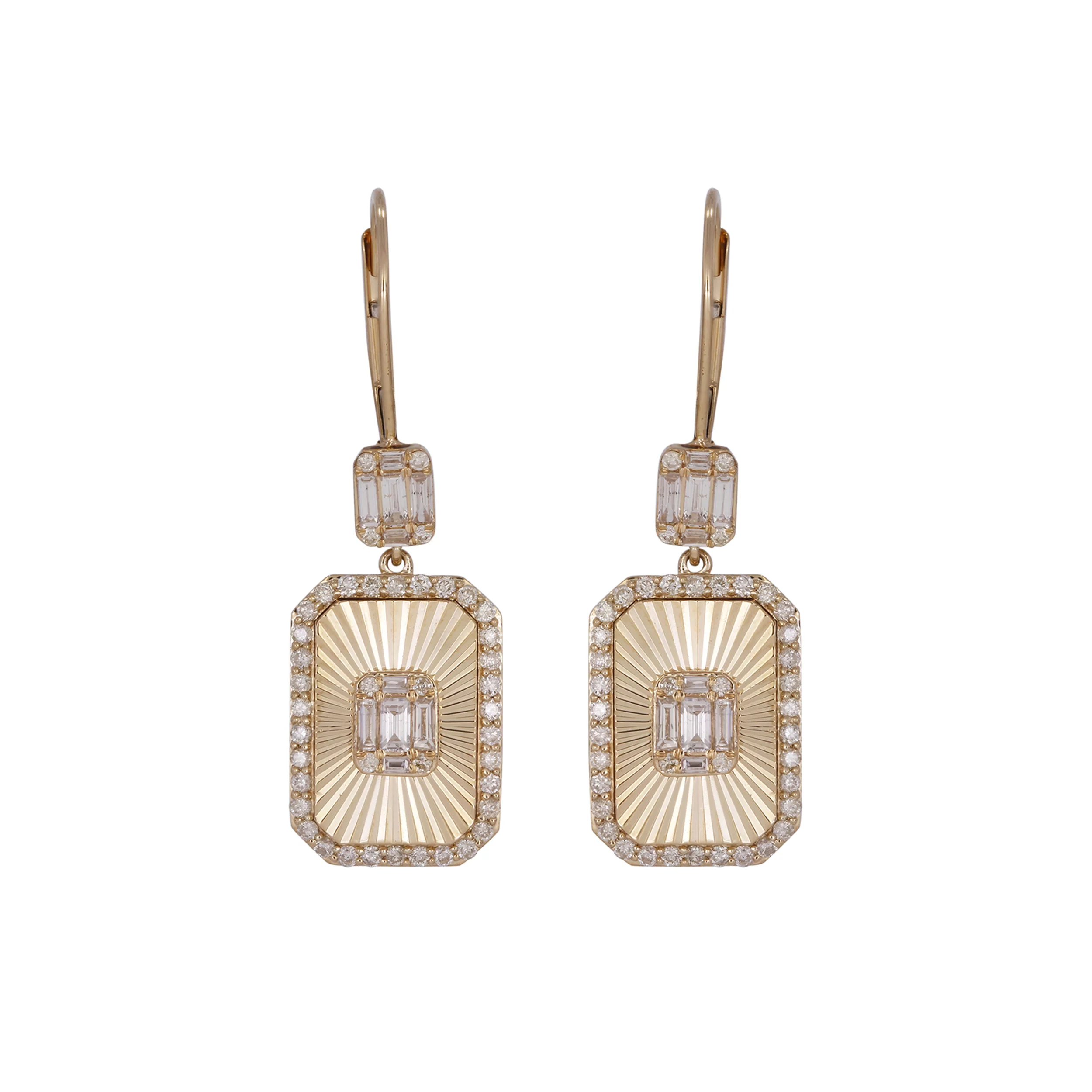 EFK53493. 14K Solid Gold and Diamonds Rectangular Dangle Earrings