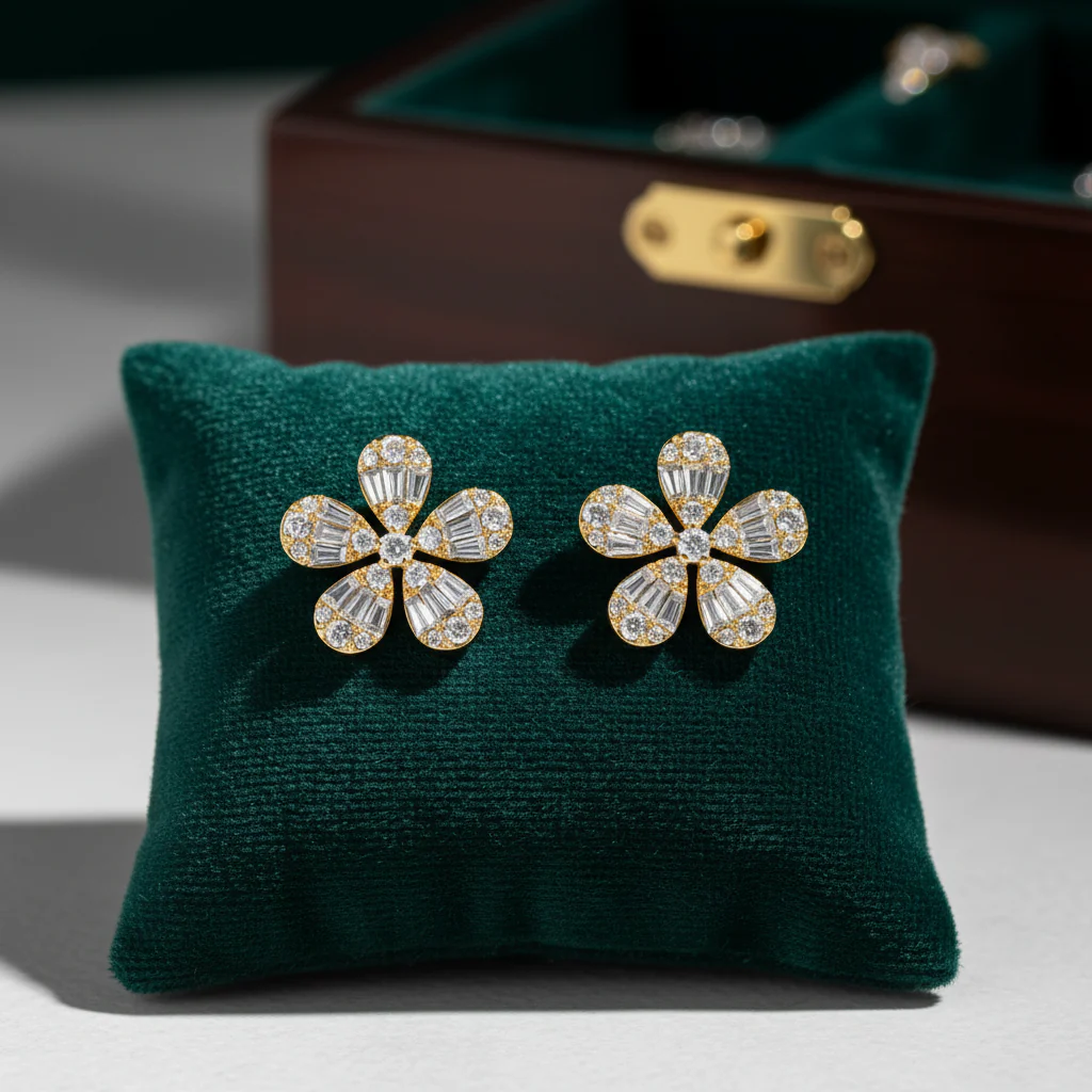 EFL52682. 14K Solid Gold Diamond Baguette Flower Stud Earrings - Image 2