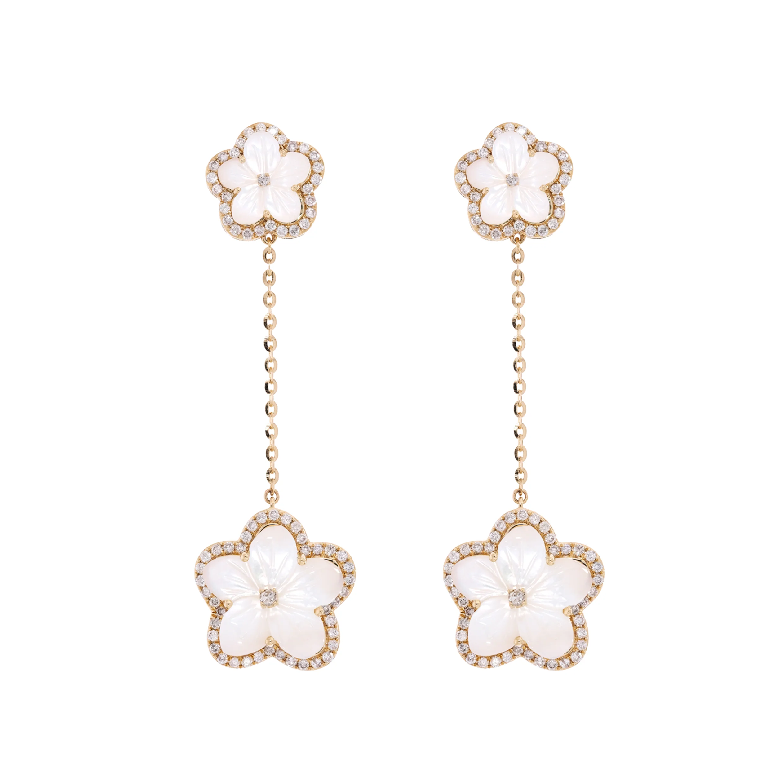 EFL53062PL. 14K Solid Gold Diamond Mother of Pearl Flower Dangle Earrings