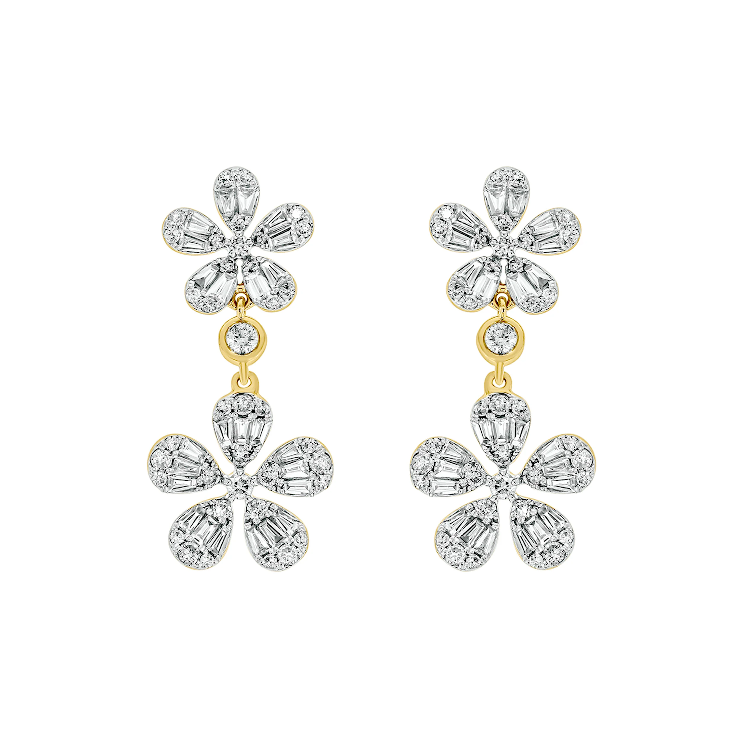 EFM52681. 14K Solid Gold Diamond Baguette Flower Dangle Earrings