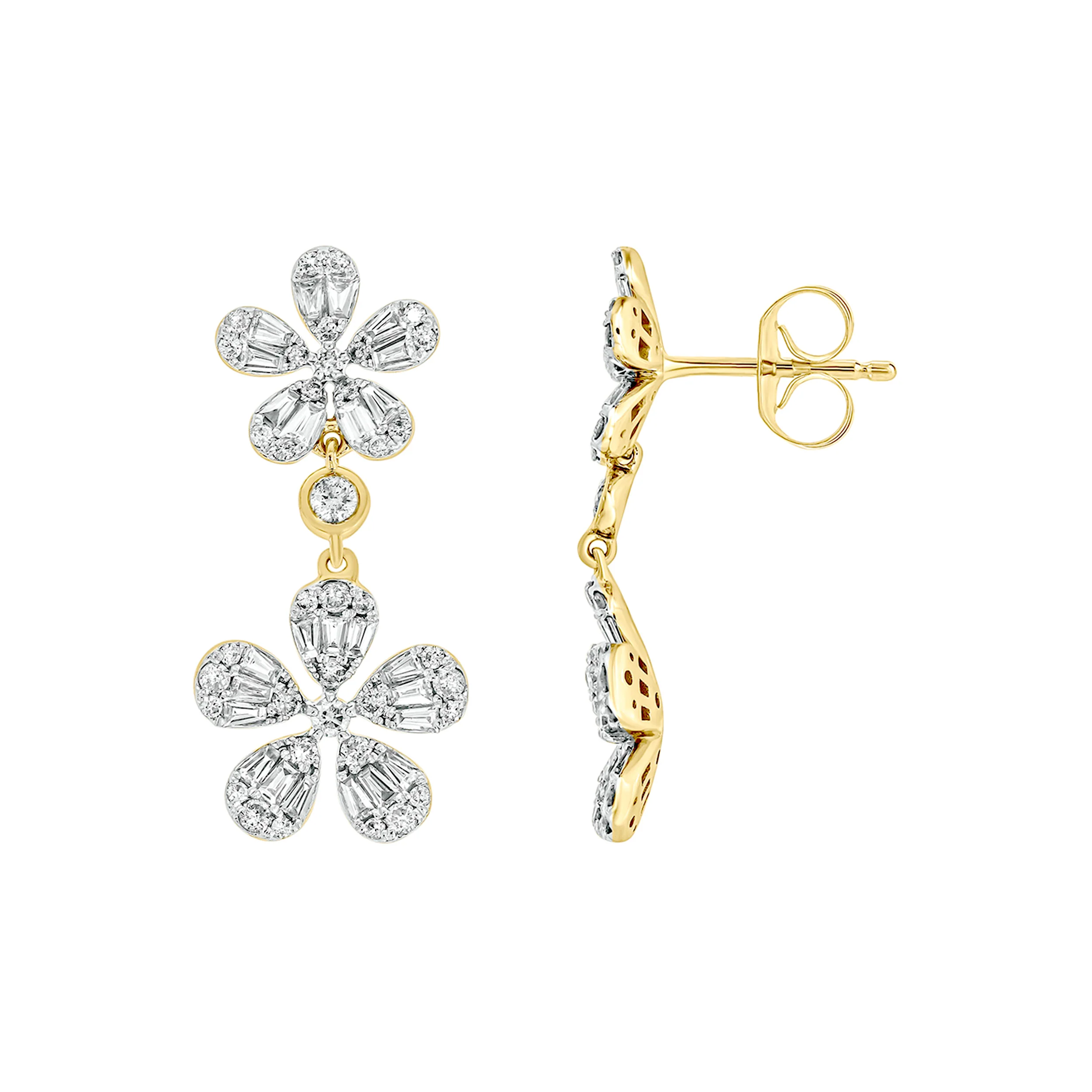 EFM52681. 14K Solid Gold Diamond Baguette Flower Dangle Earrings - Image 3