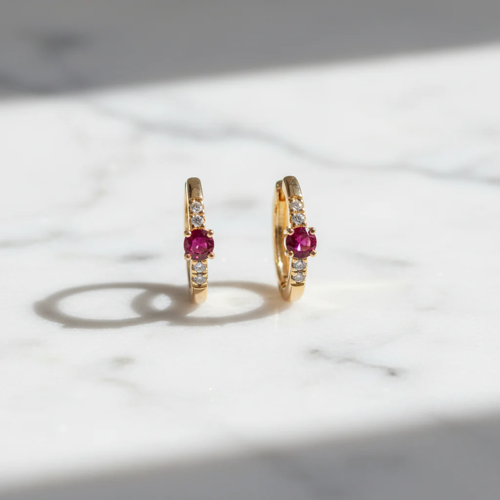 EHA57619RU. 14K Solid Gold Ruby & Diamond & Hoop Earrings