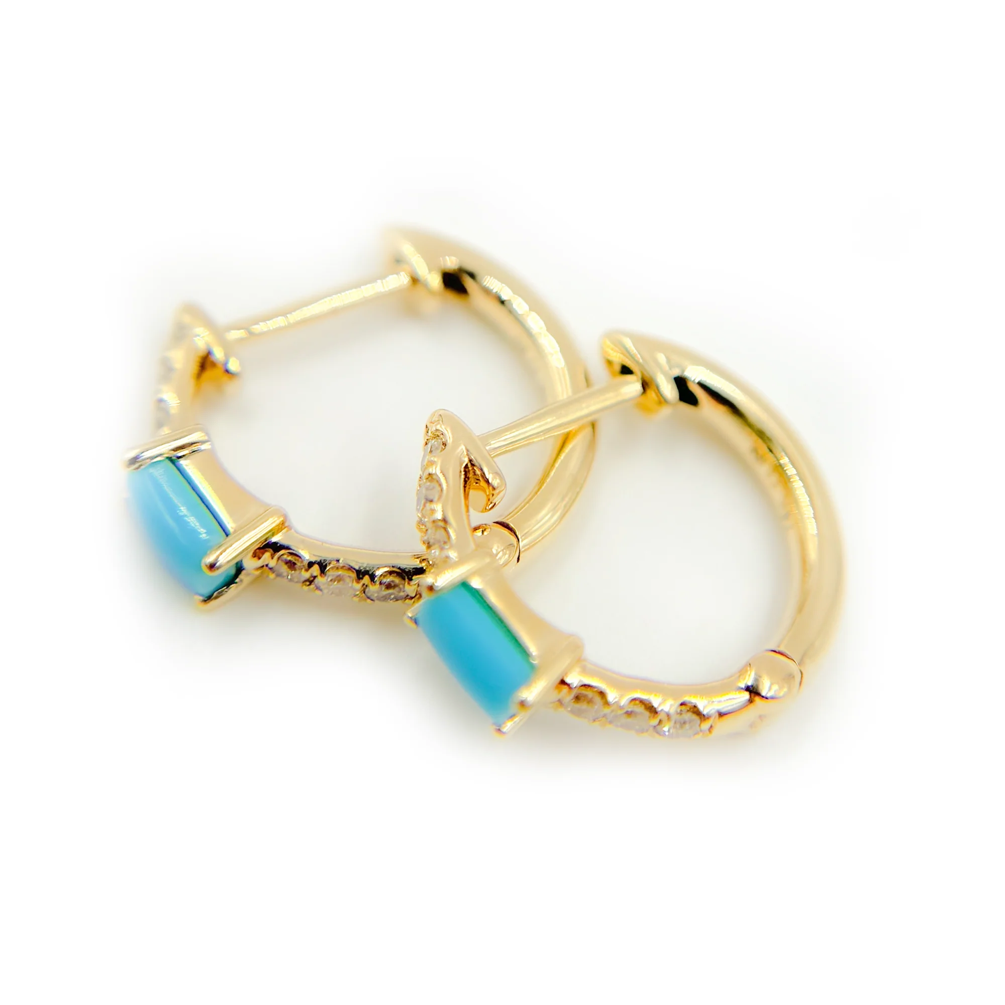 EHC56727TQ. 14k Solid Gold Turquoise and Diamond Huggies - Image 5