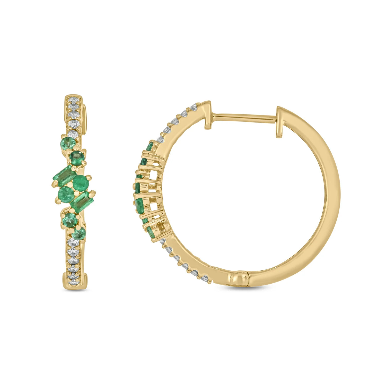 EHC56871EM. 14K Solid Gold Diamond and Emerald Hoops - Image 2