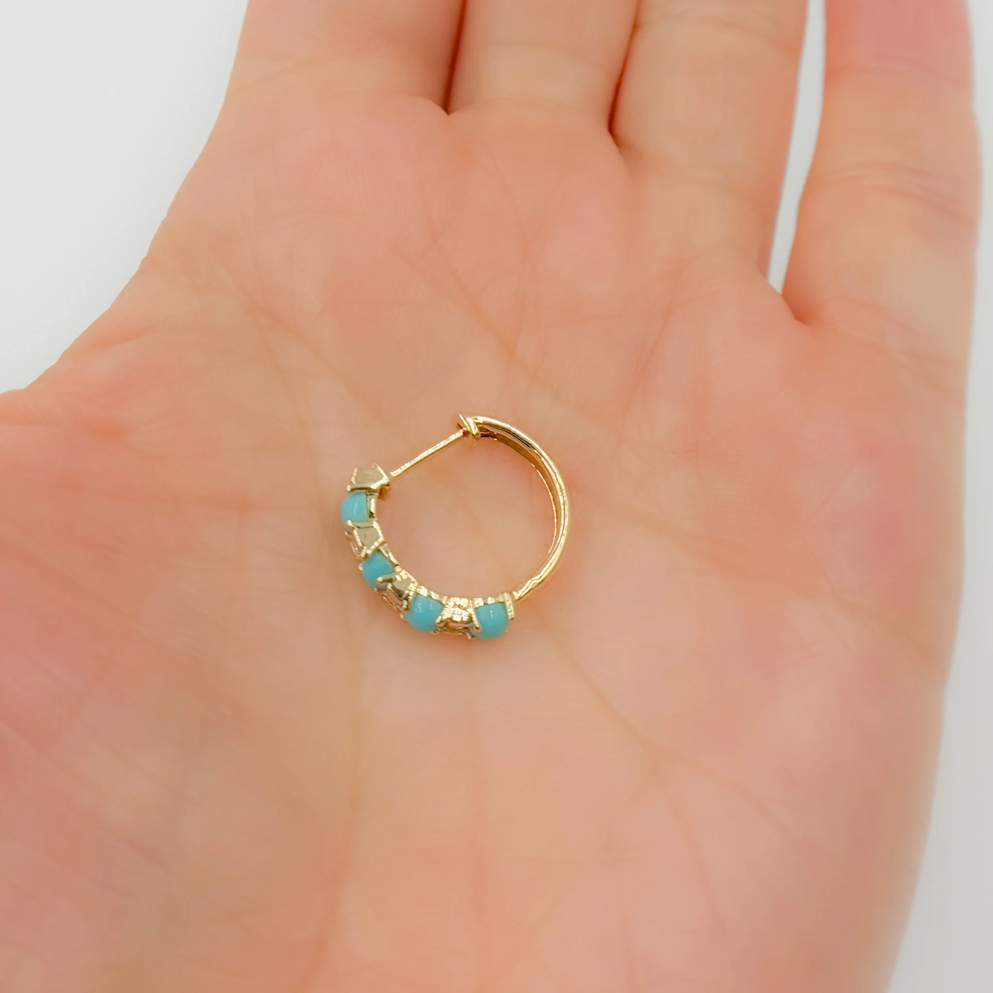 EHC57442TQ. 14K Solid Gold Diamonds and Turquoise Hoops - Image 6