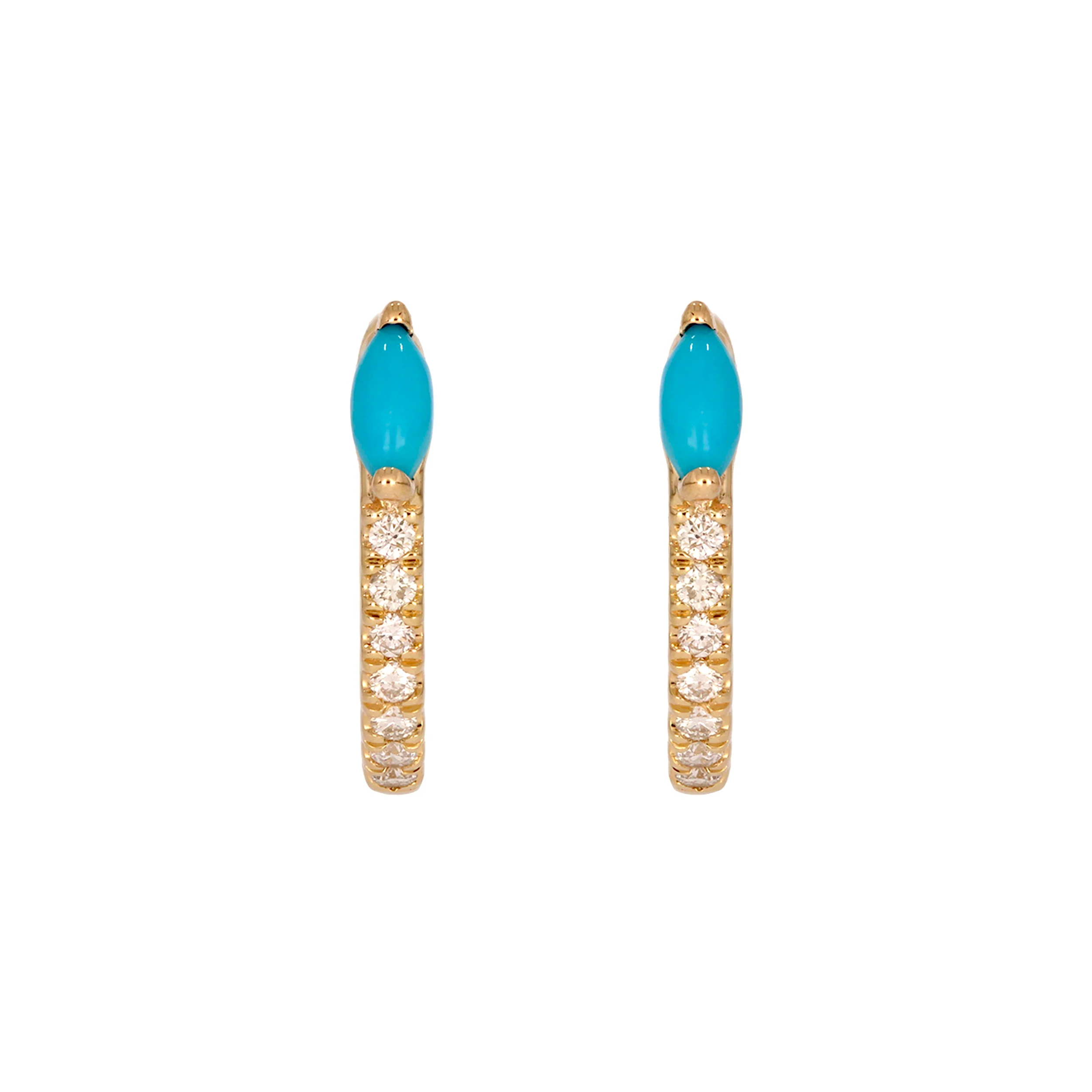 EHC57586TQ. 14K Solid Yellow Gold Diamond and Turquoise Hoop Earrings