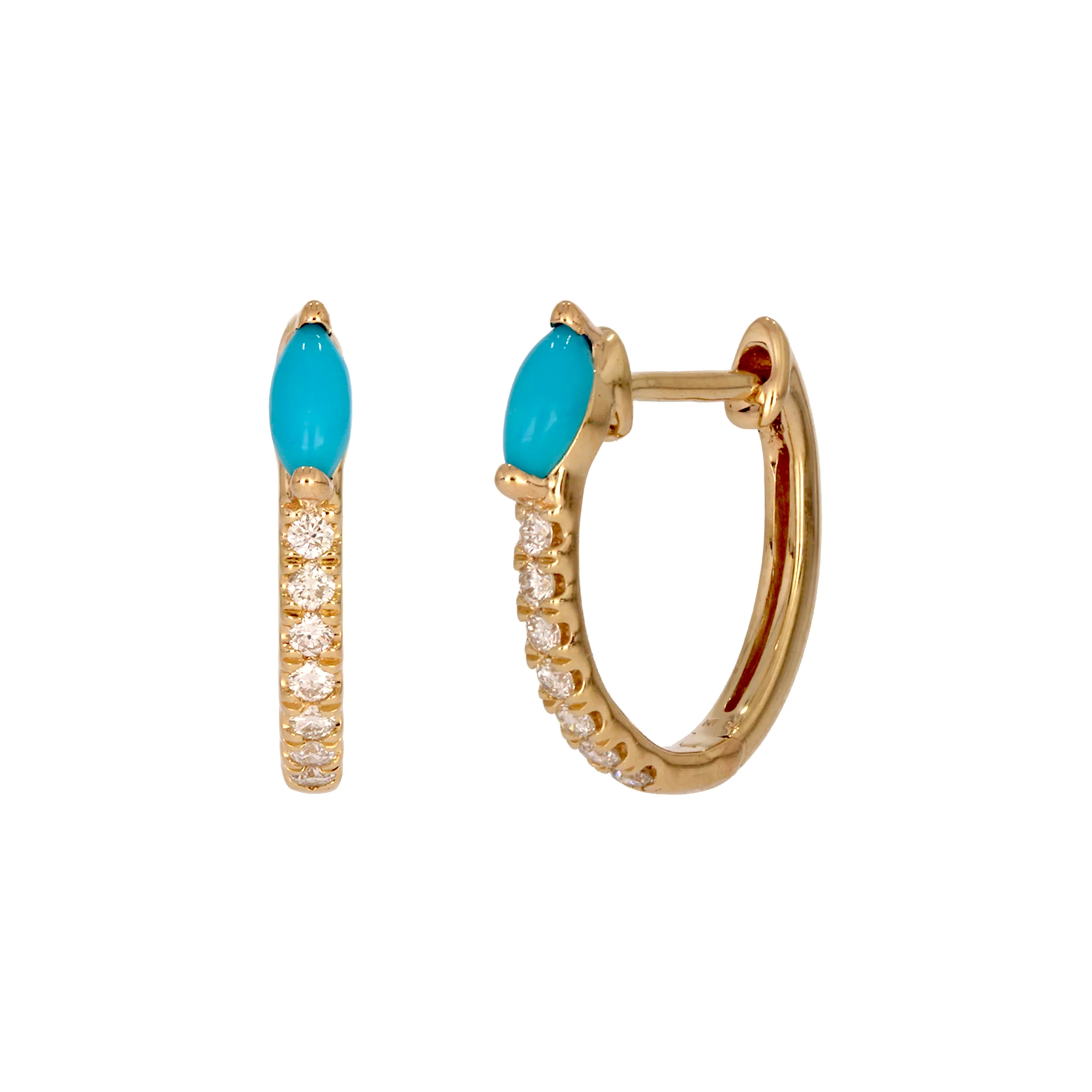 EHC57586TQ. 14K Solid Yellow Gold Diamond and Turquoise Hoop Earrings - Image 2