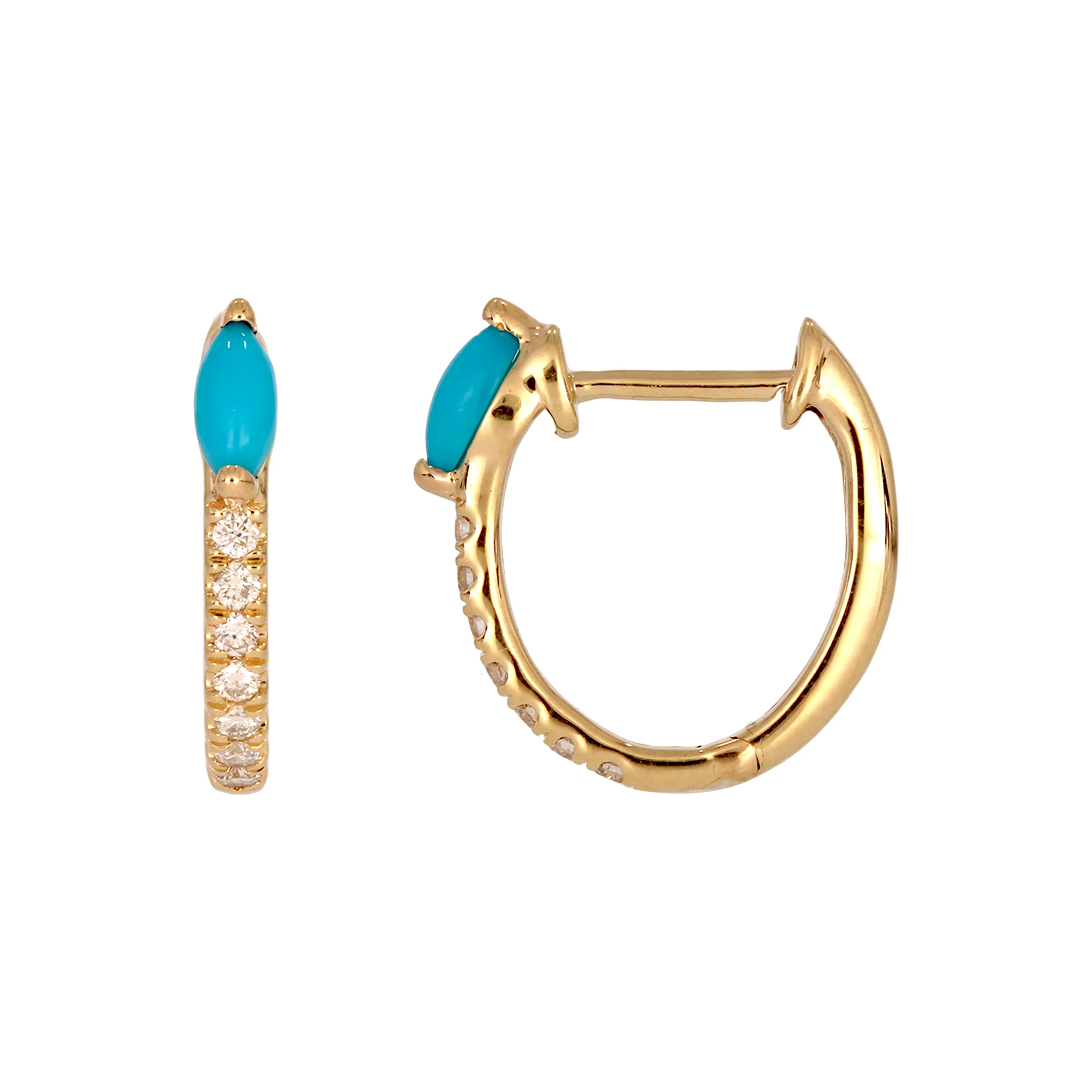 EHC57586TQ. 14K Solid Yellow Gold Diamond and Turquoise Hoop Earrings - Image 3