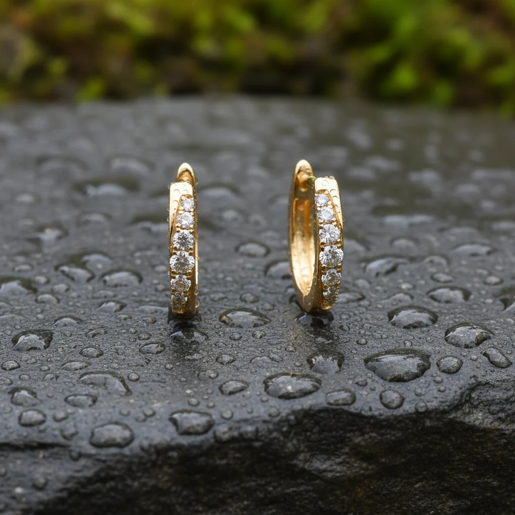 EHD57618. 14k Solid Yellow Gold Diamond Huggie Hoop Earrings - Image 8