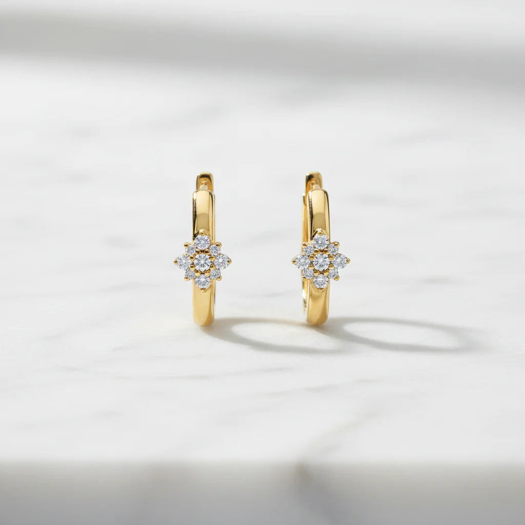 EHD57626. 14K Solid Yellow Gold Diamond Flower Huggie Hoop Earrings