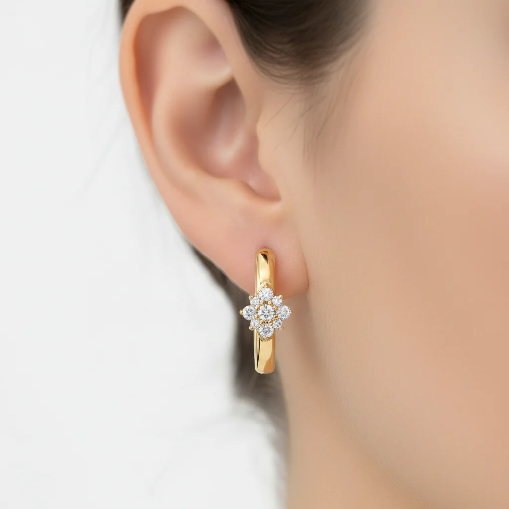 EHD57626. 14K Solid Yellow Gold Diamond Flower Huggie Hoop Earrings - Image 11
