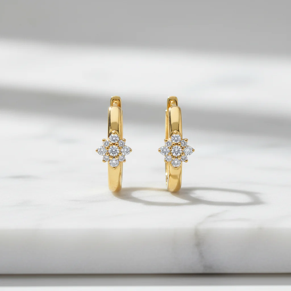 EHD57626. 14K Solid Yellow Gold Diamond Flower Huggie Hoop Earrings - Image 12