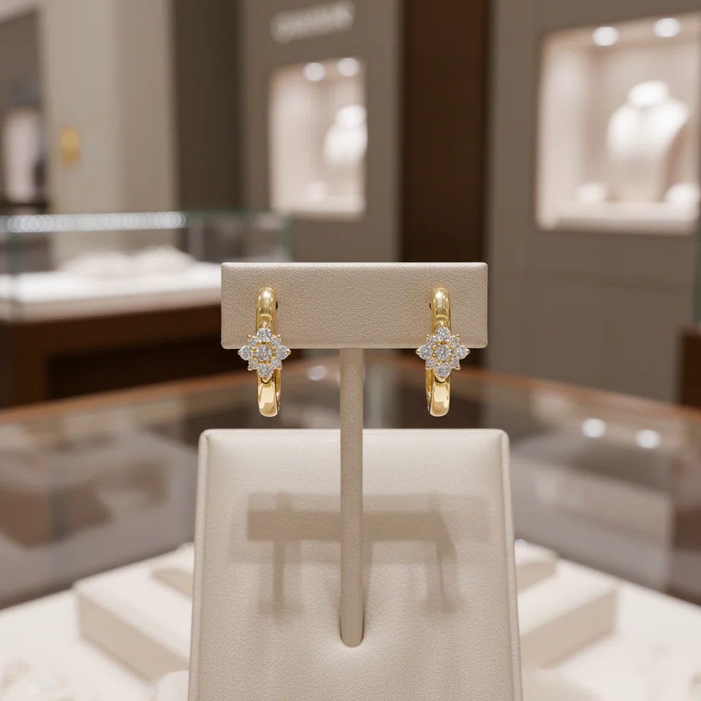 EHD57626. 14K Solid Yellow Gold Diamond Flower Huggie Hoop Earrings - Image 3