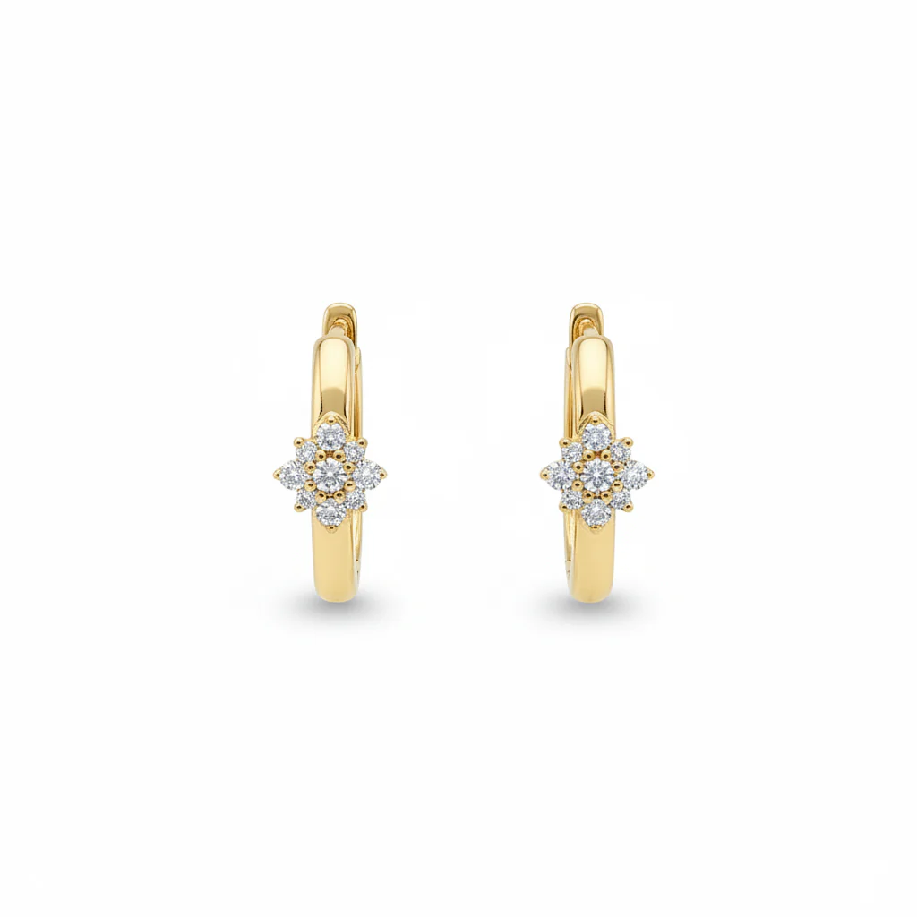 EHD57626. 14K Solid Yellow Gold Diamond Flower Huggie Hoop Earrings - Image 4