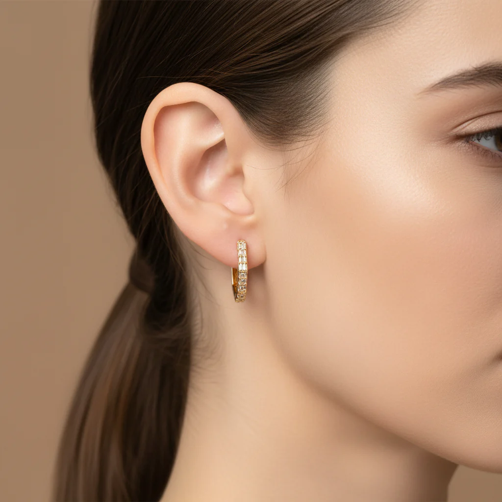 EHE56546. 14k Solid Gold Diamond Octagon Hoops - Image 6