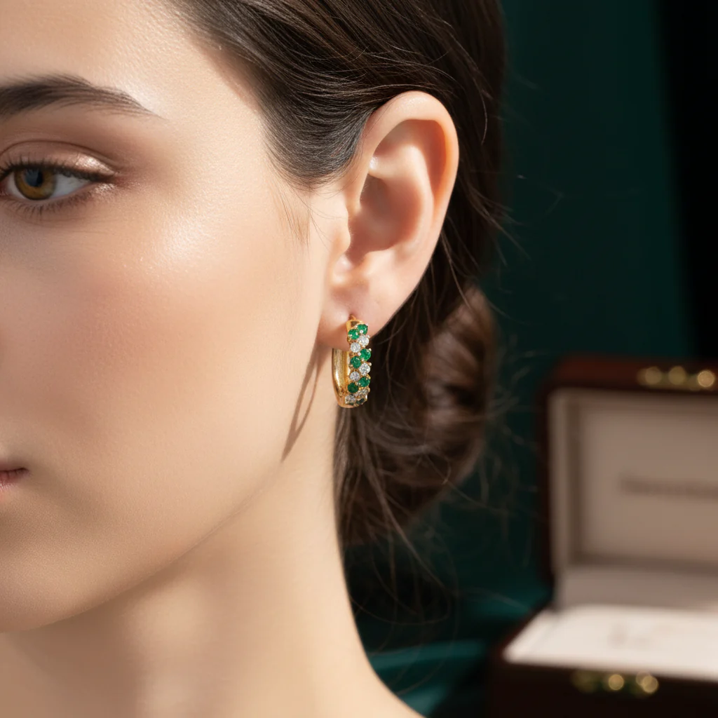 EHE56872. 14K Solid Gold Diamonds and Turquoise Hoops - Image 6