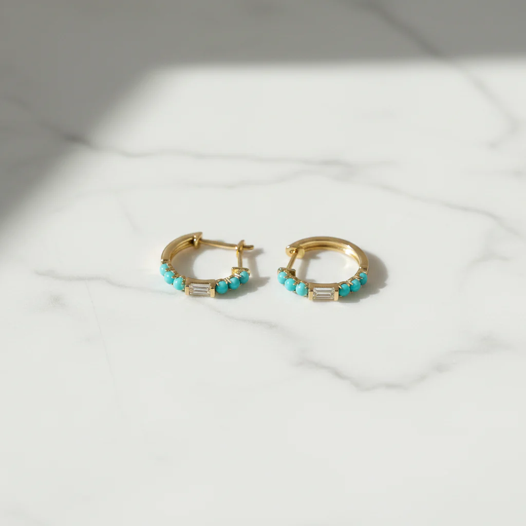 EHE57441. 14K Solid Gold Diamonds and Gemstone Hoops - Image 2