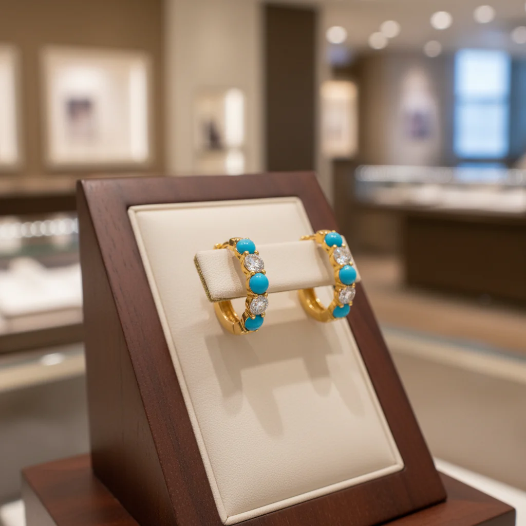EHG56555. 14k Solid Gold Gemstone and Diamond Hoops - Image 2
