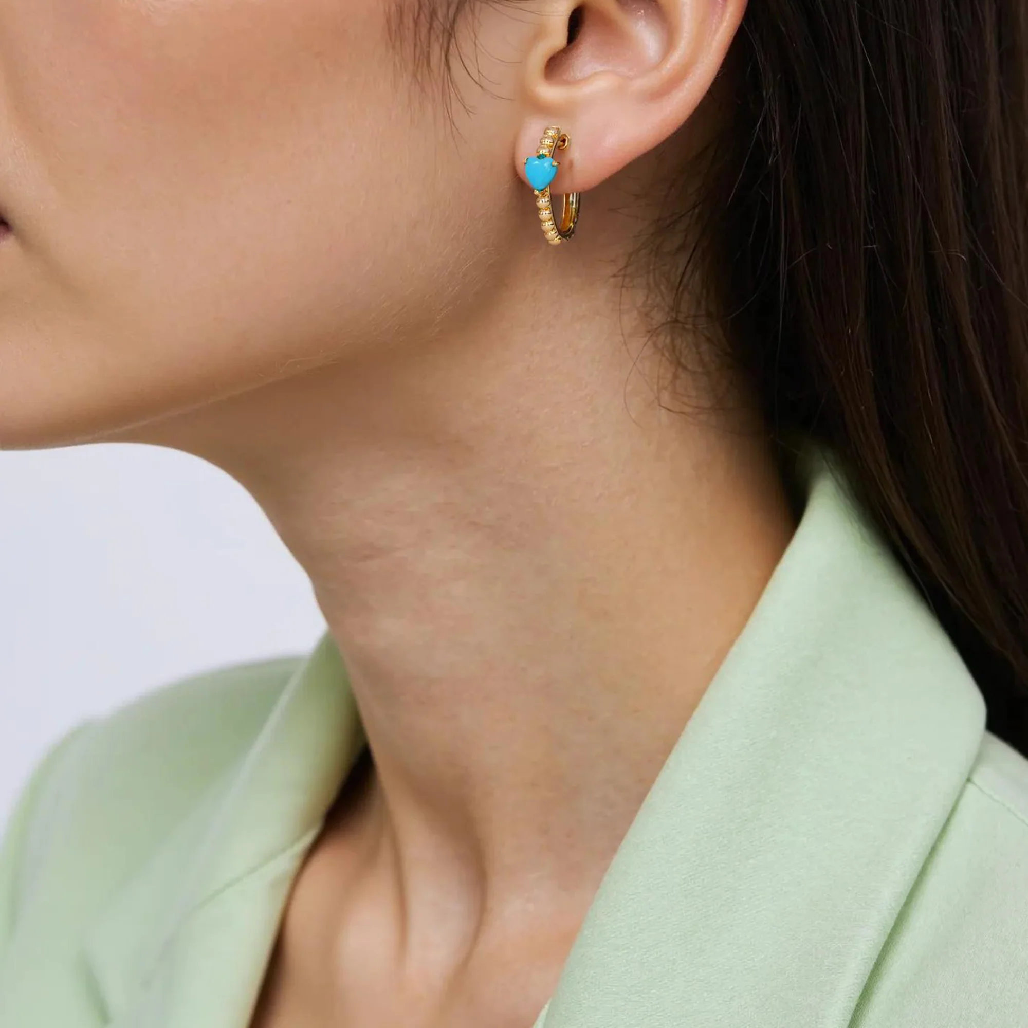 EHZ57460TQ. 14K Solid Gold Turquoise Heart Hoops - Image 2