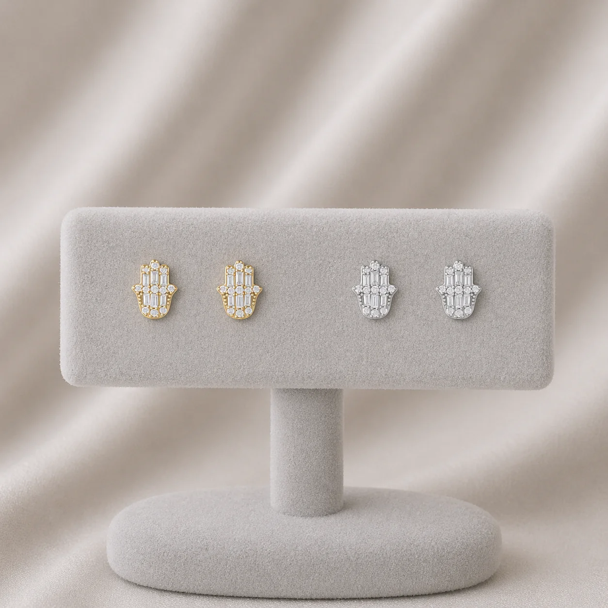EFC54276. 14K Solid Gold Diamond Hamsa Hand Studs