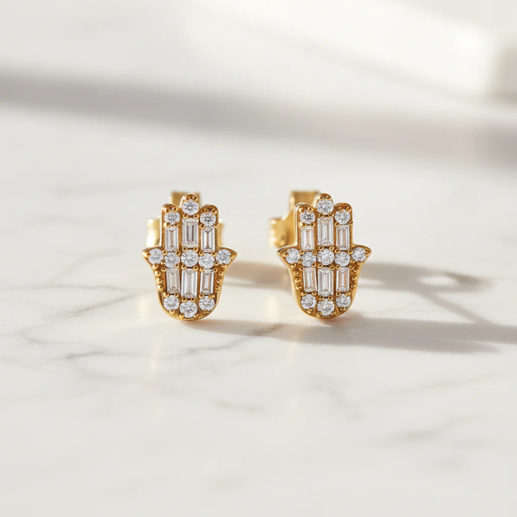 EFC54276. 14K Solid Gold Diamond Hamsa Hand Studs - Image 2