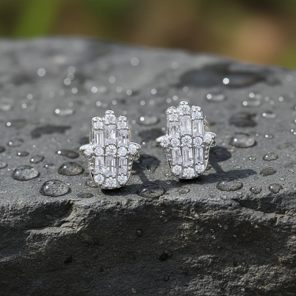 EFC54276. 14K Solid Gold Diamond Hamsa Hand Studs - Image 8