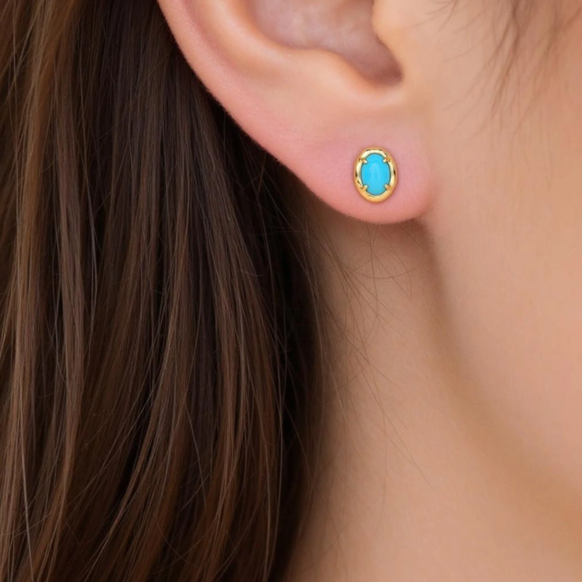 ESZ59194TQ. 14K Solid Yellow Gold Turquoise Oval Stud Earring