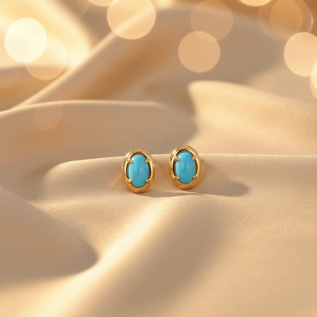 ESZ59194TQ. 14K Solid Yellow Gold Turquoise Oval Stud Earring - Image 3