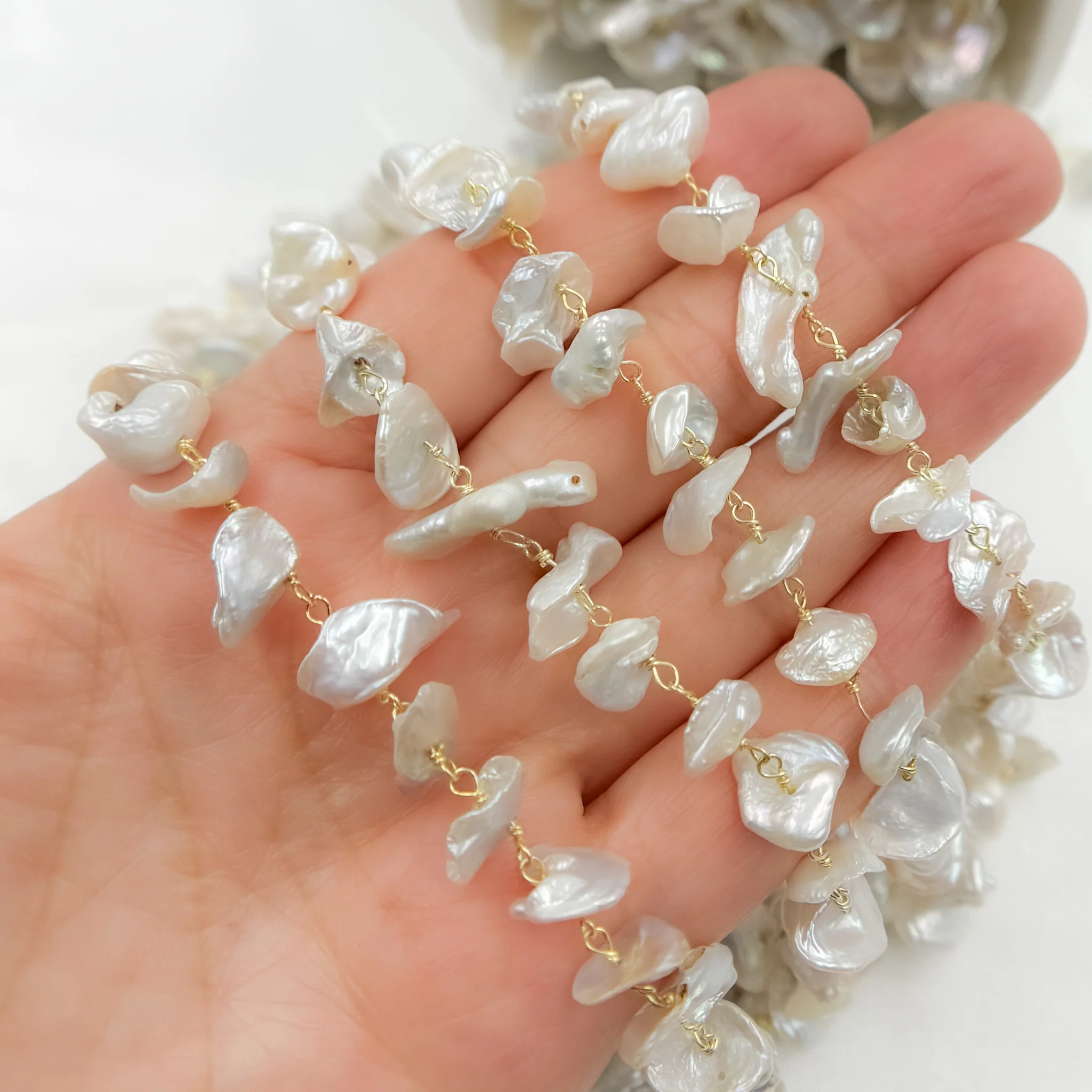 PRL59. Freshwater Pearl Organic Shape Gold Plated Sterling Silver Wire Chain - Image 3