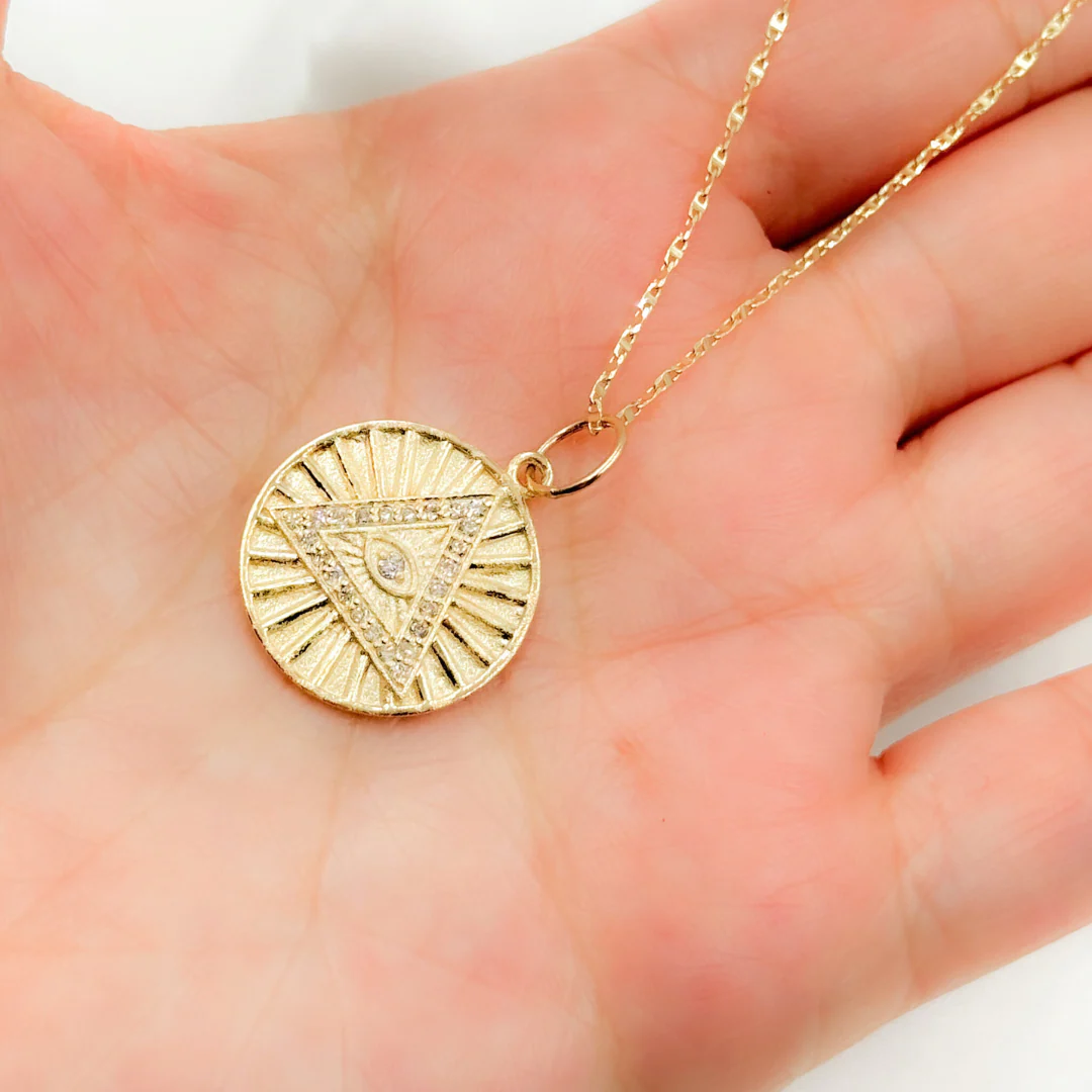 GDP100. 14K Solid Gold with Diamonds Circle Shape Eye of Providence Charm - Image 6
