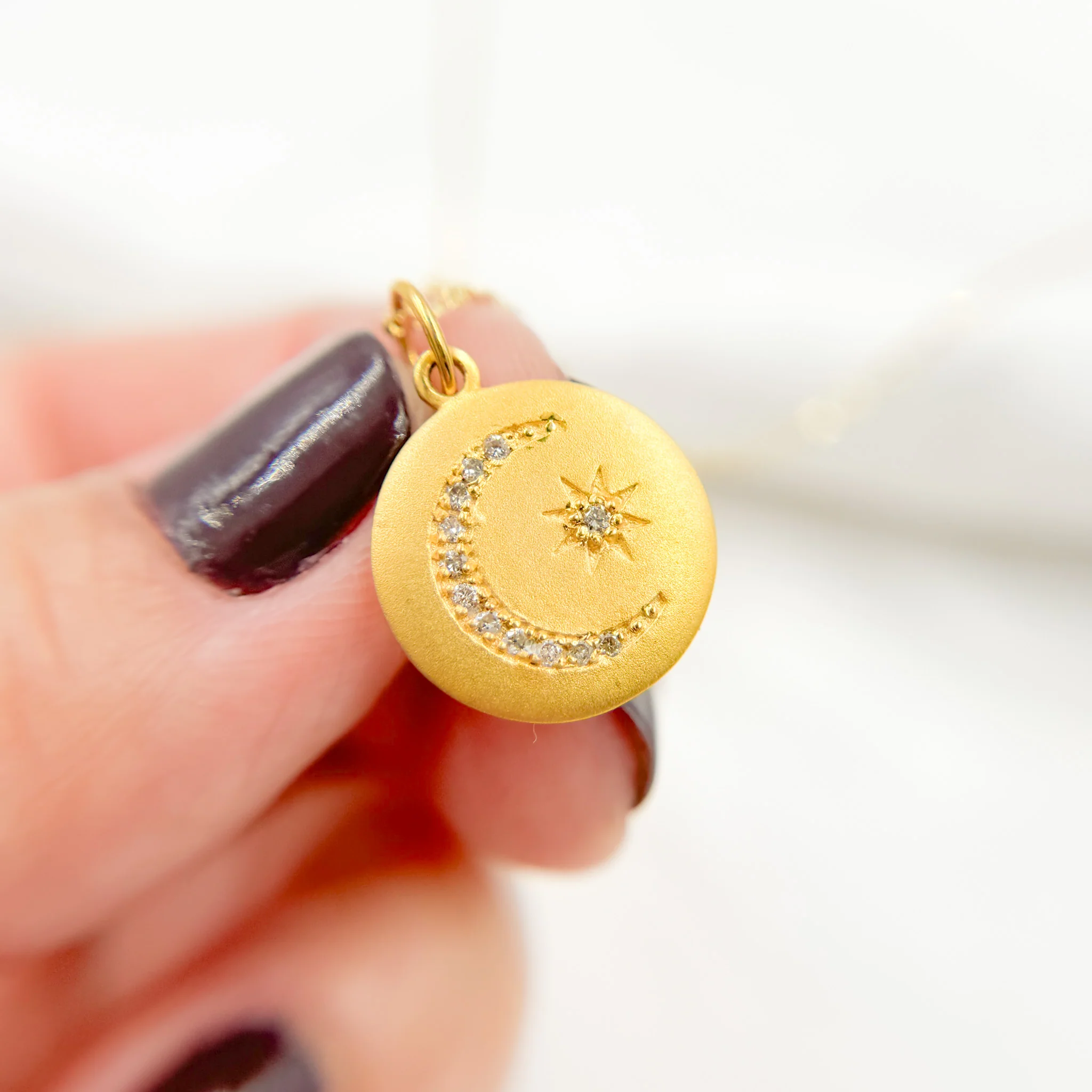 GDP105. 14K Solid Gold Diamond Circle Charm with Moon and Star